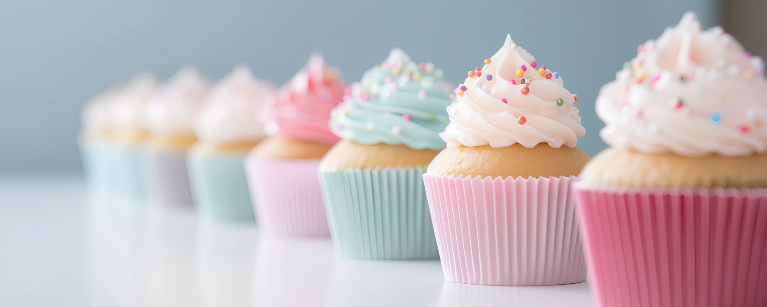 A row of colorful cupcakes, representing sugar-rich foods that can feed Candida and disrupt gut microbial balance.
