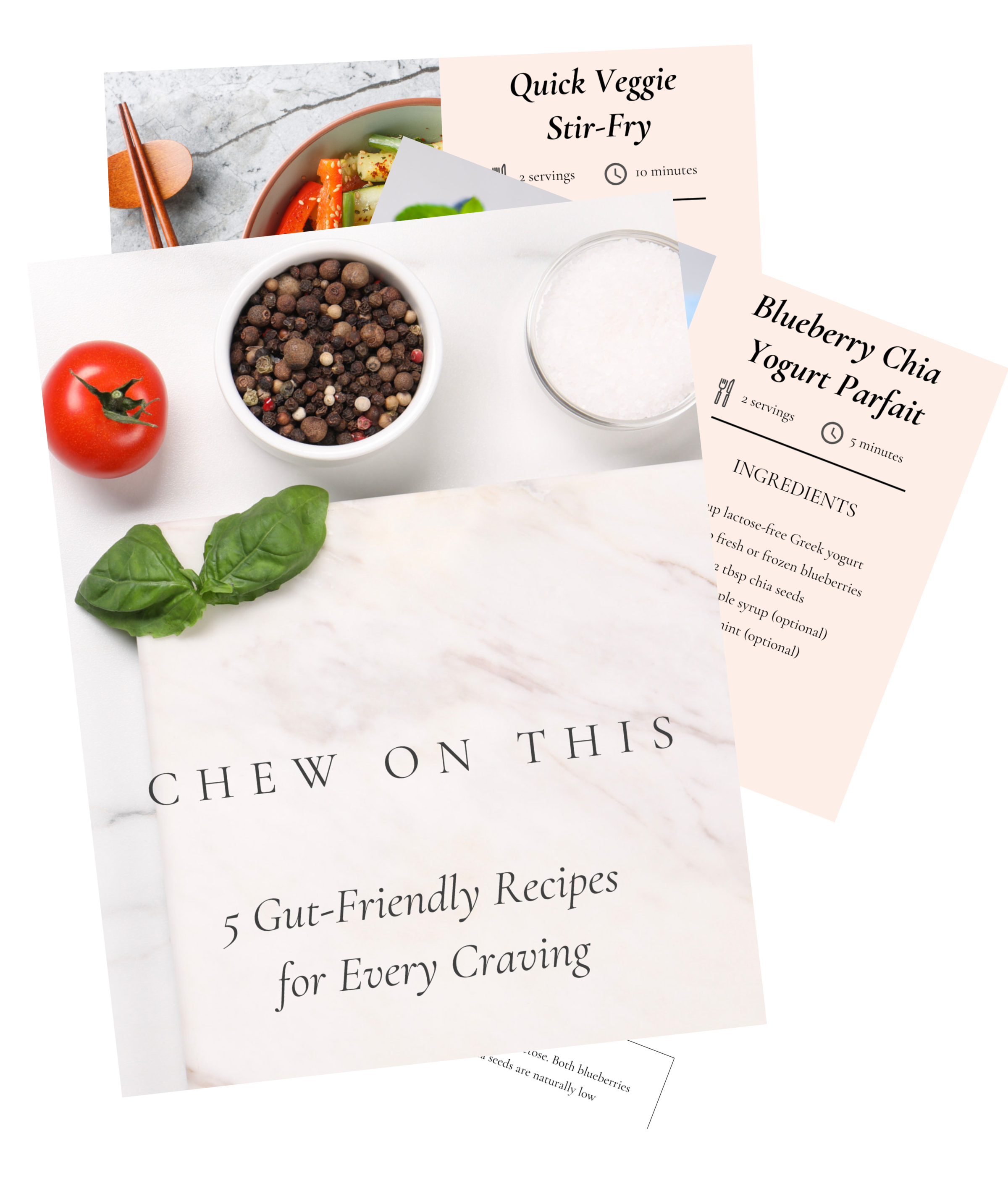 Three pages from the Chew On This recipe booklet, featuring easy, gut-friendly recipes designed to nourish the body and support digestion.