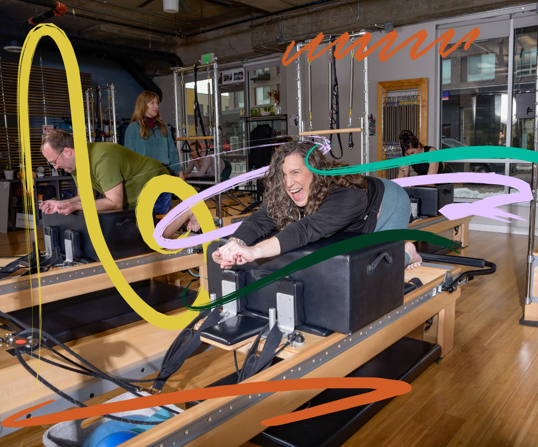 People exercising on Pilates reformers in a fitness studio with colorful hand-drawn lines and scribbles overlaid on the image.