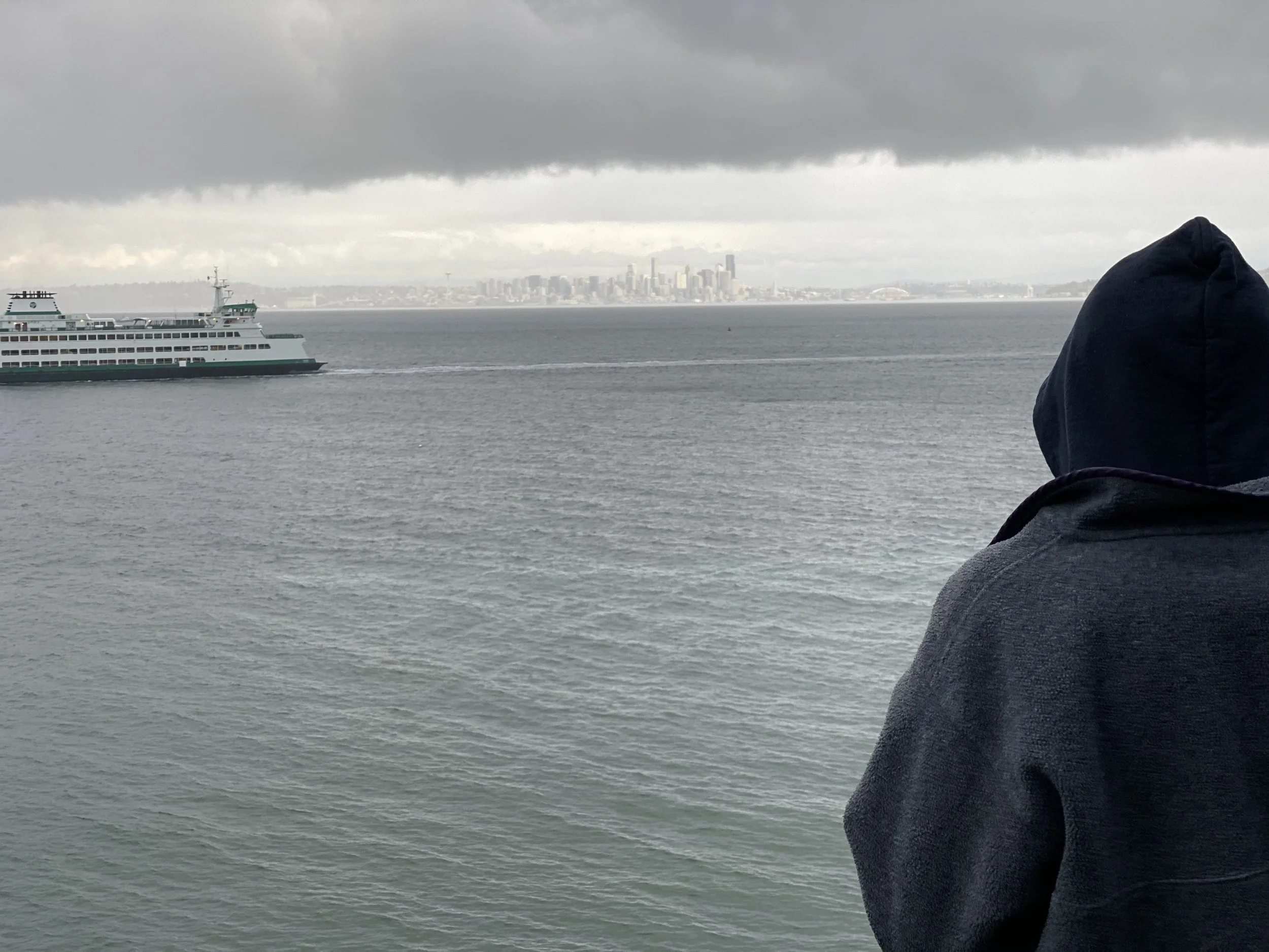 Christopher Clucas wearing a hooded jacket is standing near the water observing a boat passing by and a city skyline in the distance.