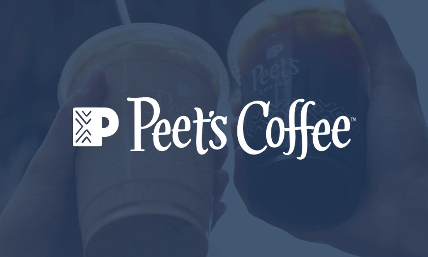 Two hand-held coffee cups, one with a beige sleeve and the other dark, labeled Peet's Coffee, with Peet's logo.