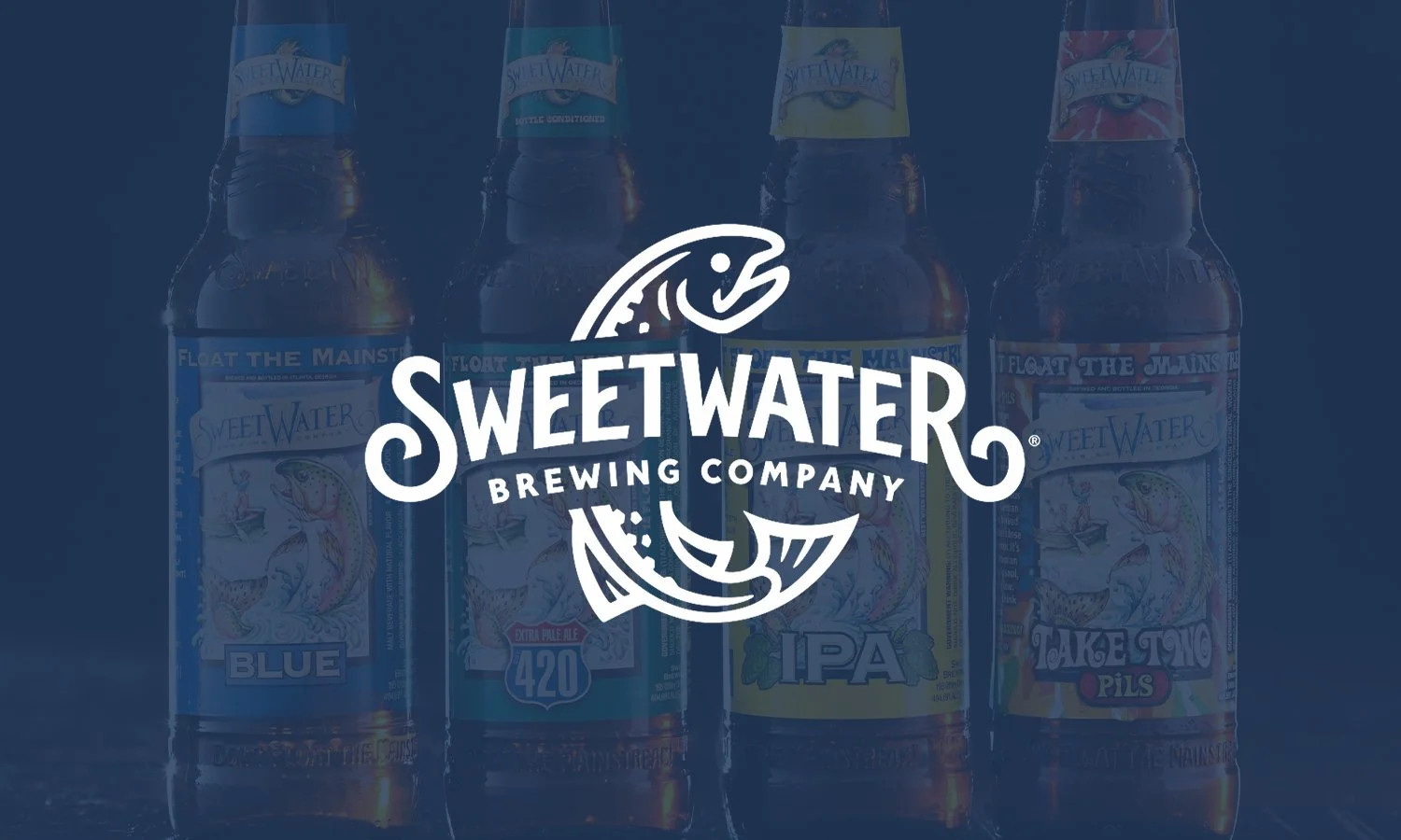 Four bottles of Sweetwater Brewing Company beers with a white logo overlay.