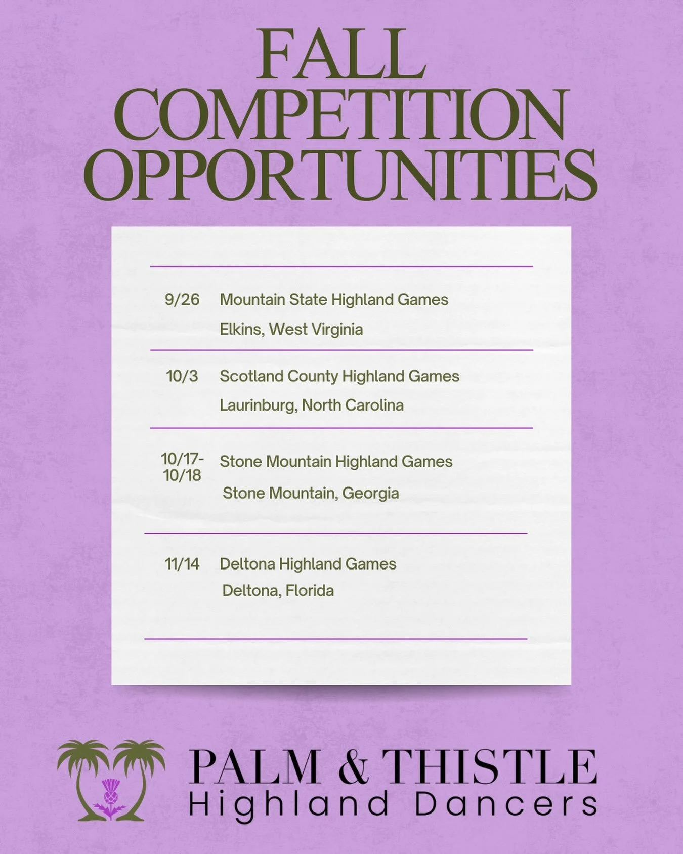 Fall competition season is here!
After researching the ScotDance USA schedule, here&rsquo;s our Southeastern competition lineup
Who&rsquo;s planning to compete this fall? We&rsquo;d love to see where you&rsquo;re headed and cheer you on throughout th