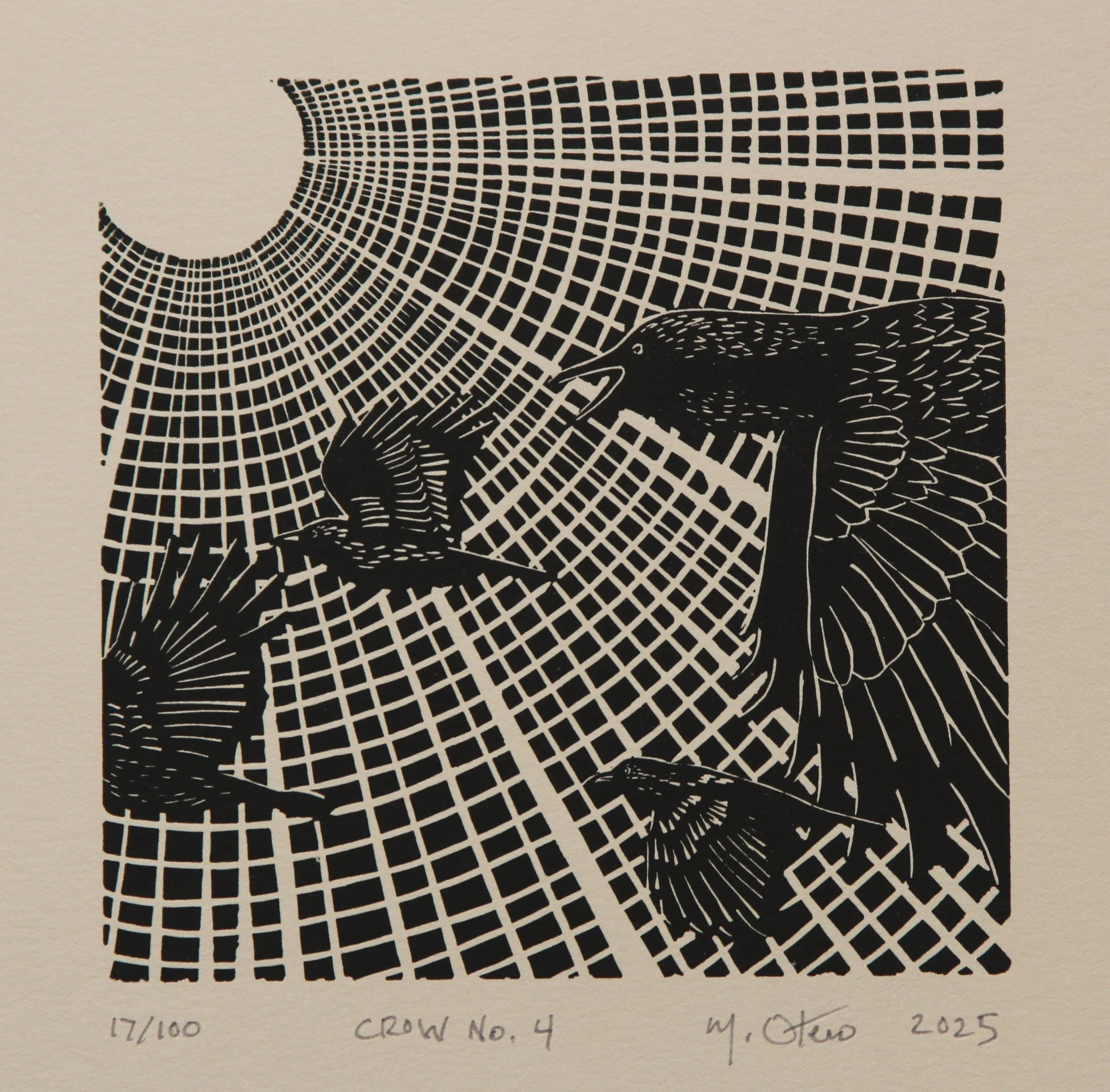 Crow No 4.  Linocut, 2025