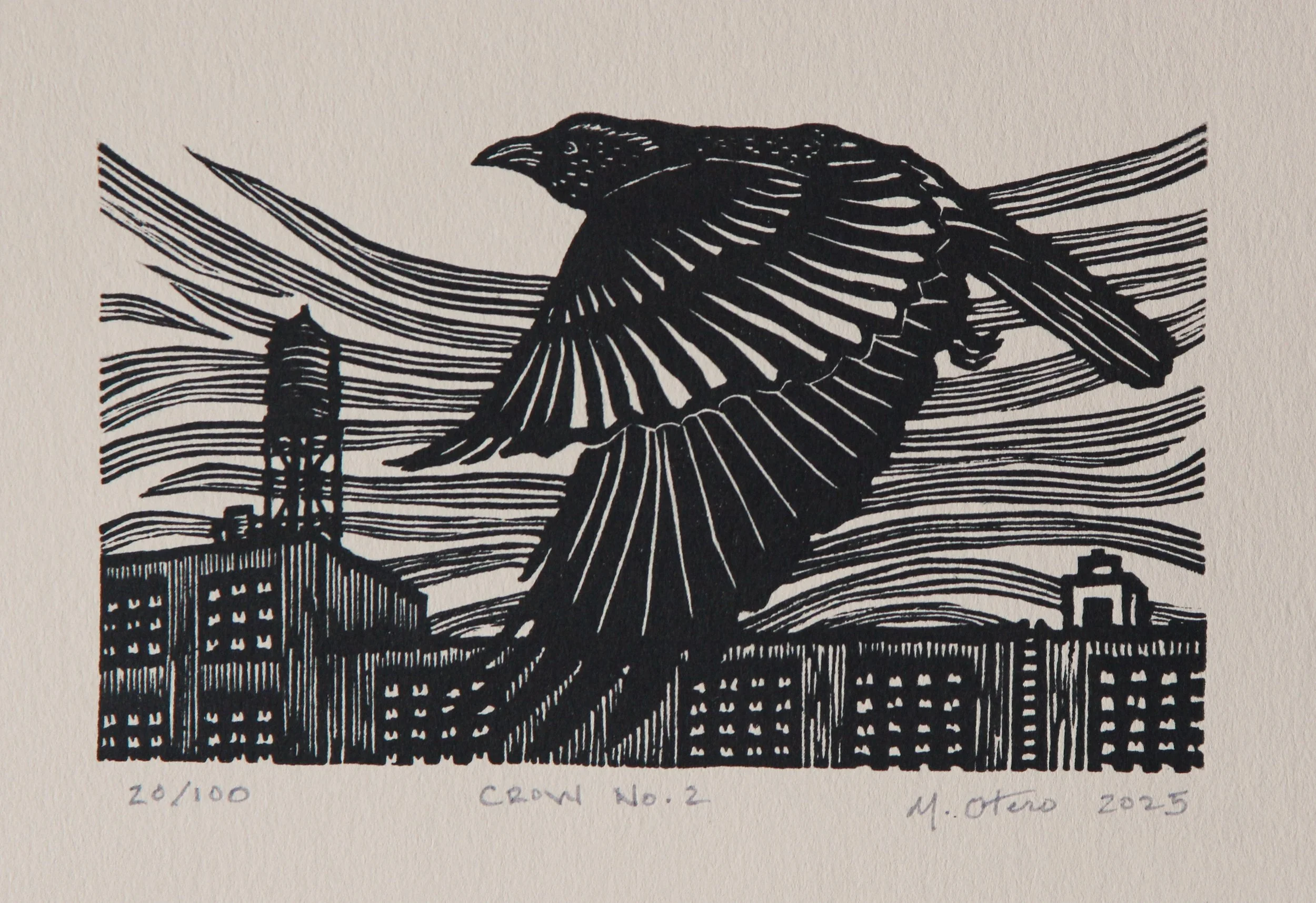 Crow No 2.  Linocut, 2025