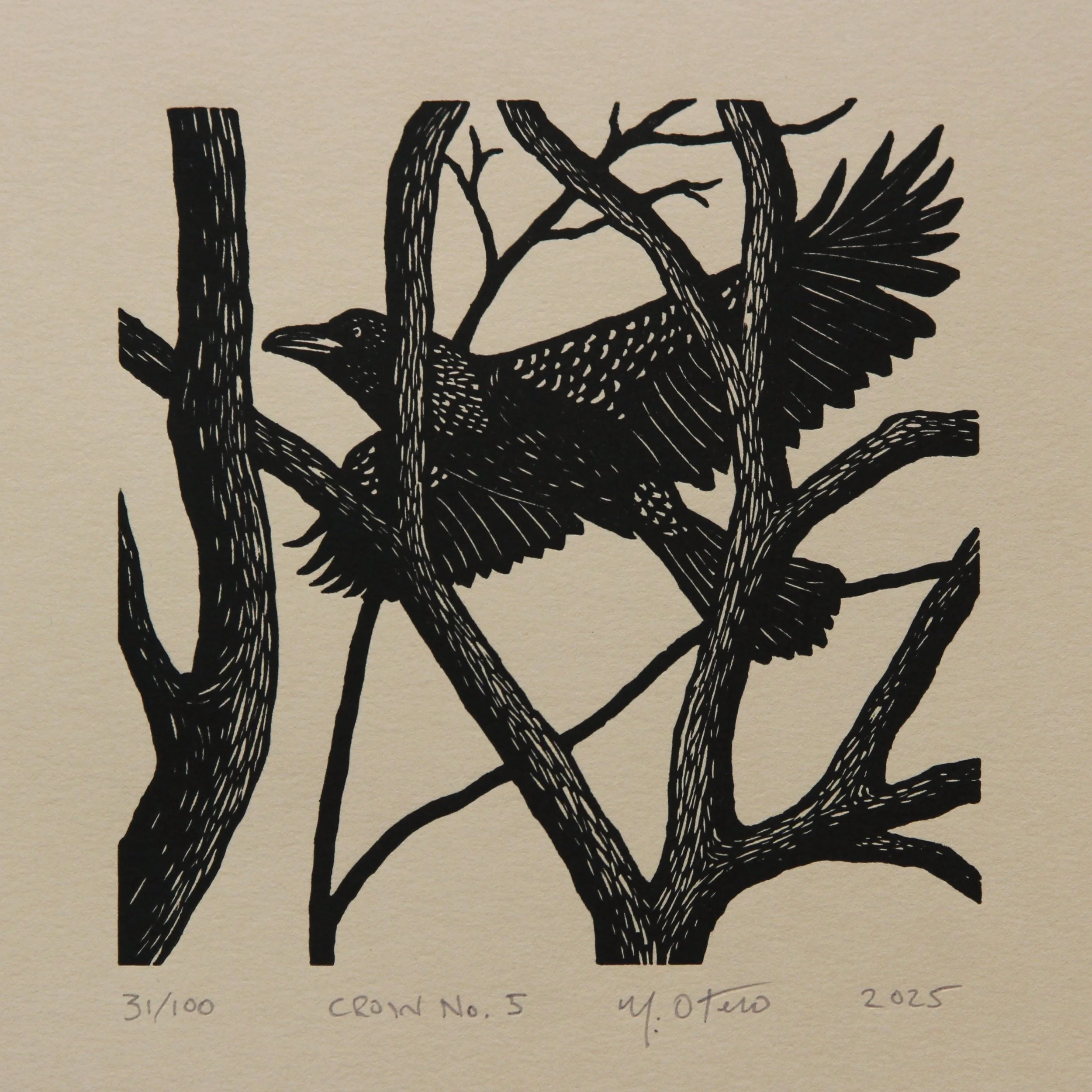 Crow No 5.  Linocut, 2025