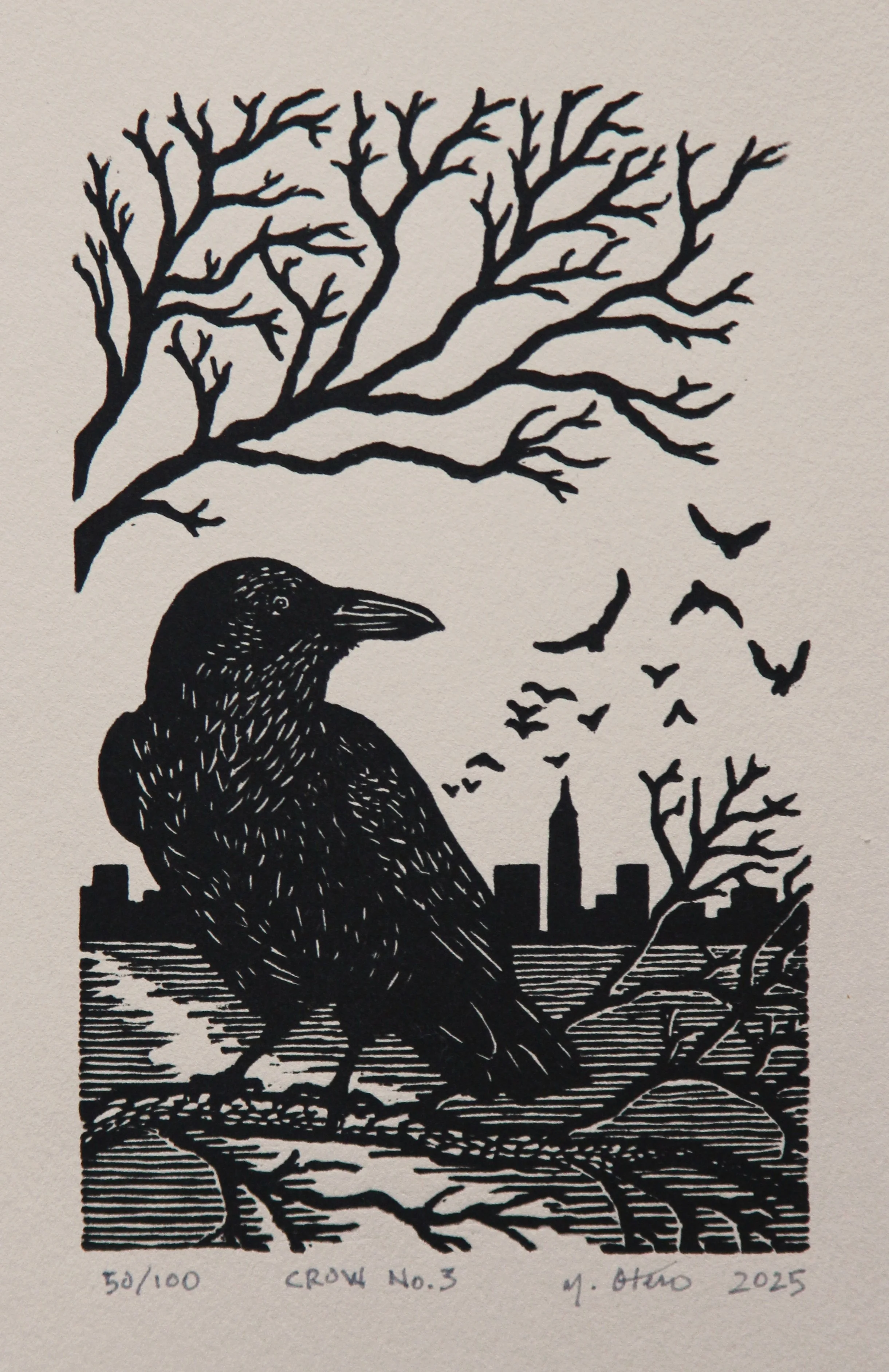 Crow No 3.  Linocut, 2025
