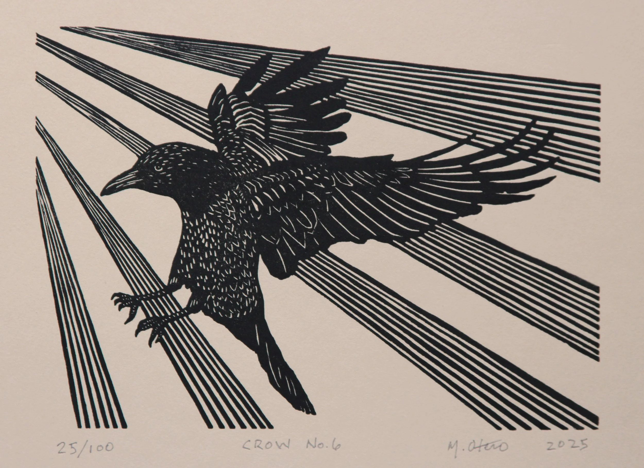 Crow No 6.  Linocut, 2025