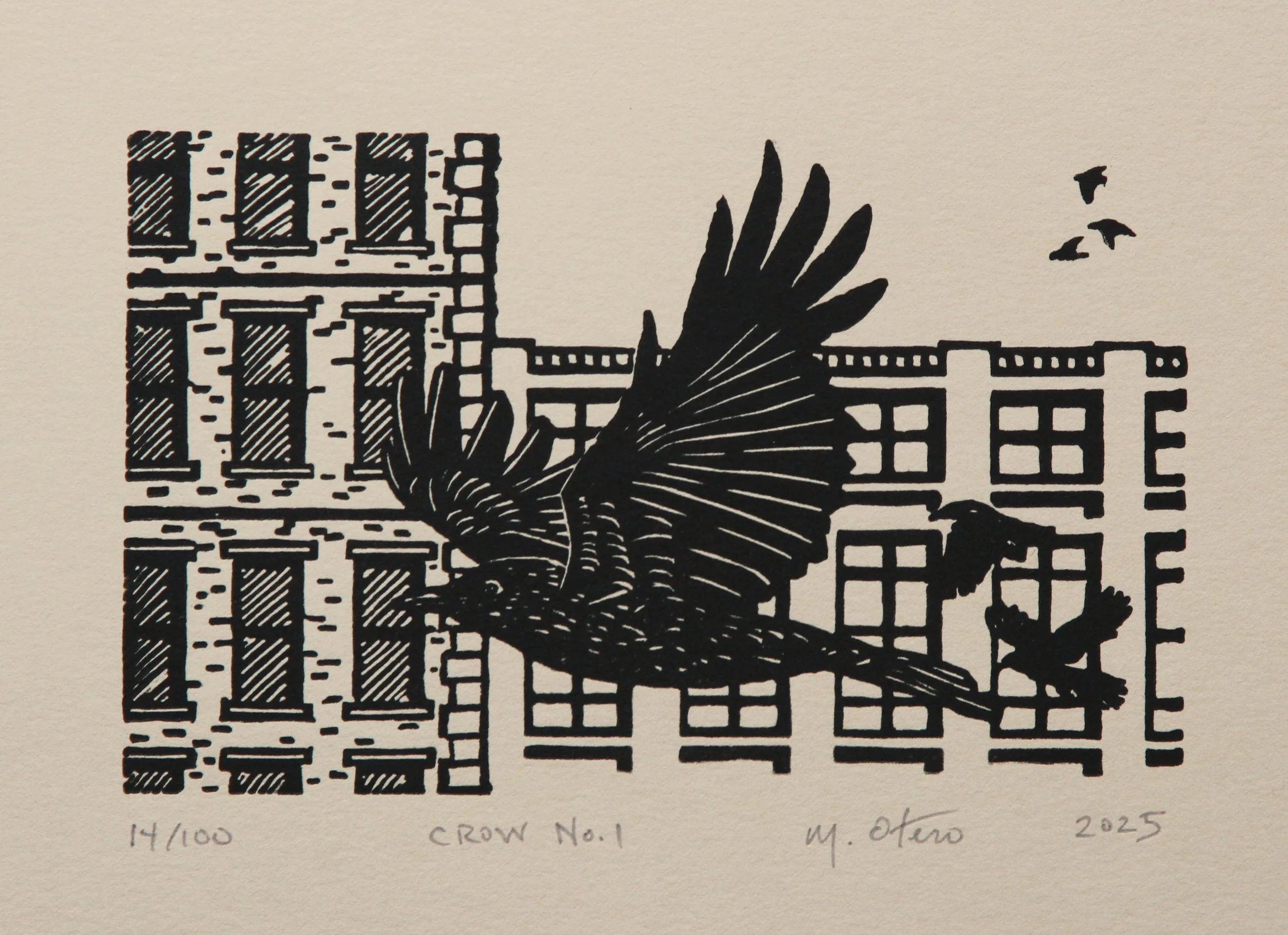 Crow No 1.  Linocut, 2025