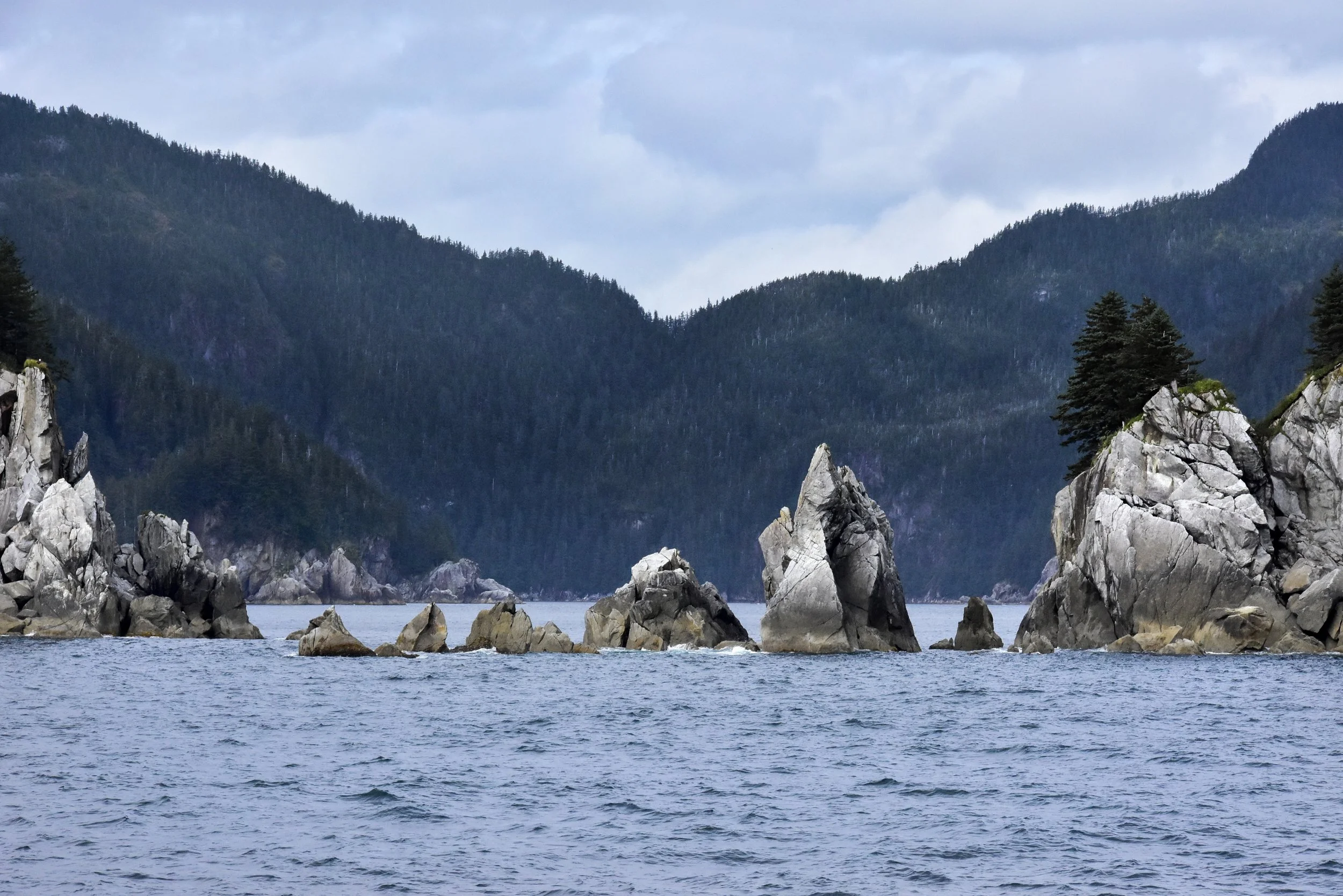 Rock formations in the ocean with a mountainous, forested background and cloudy sky.