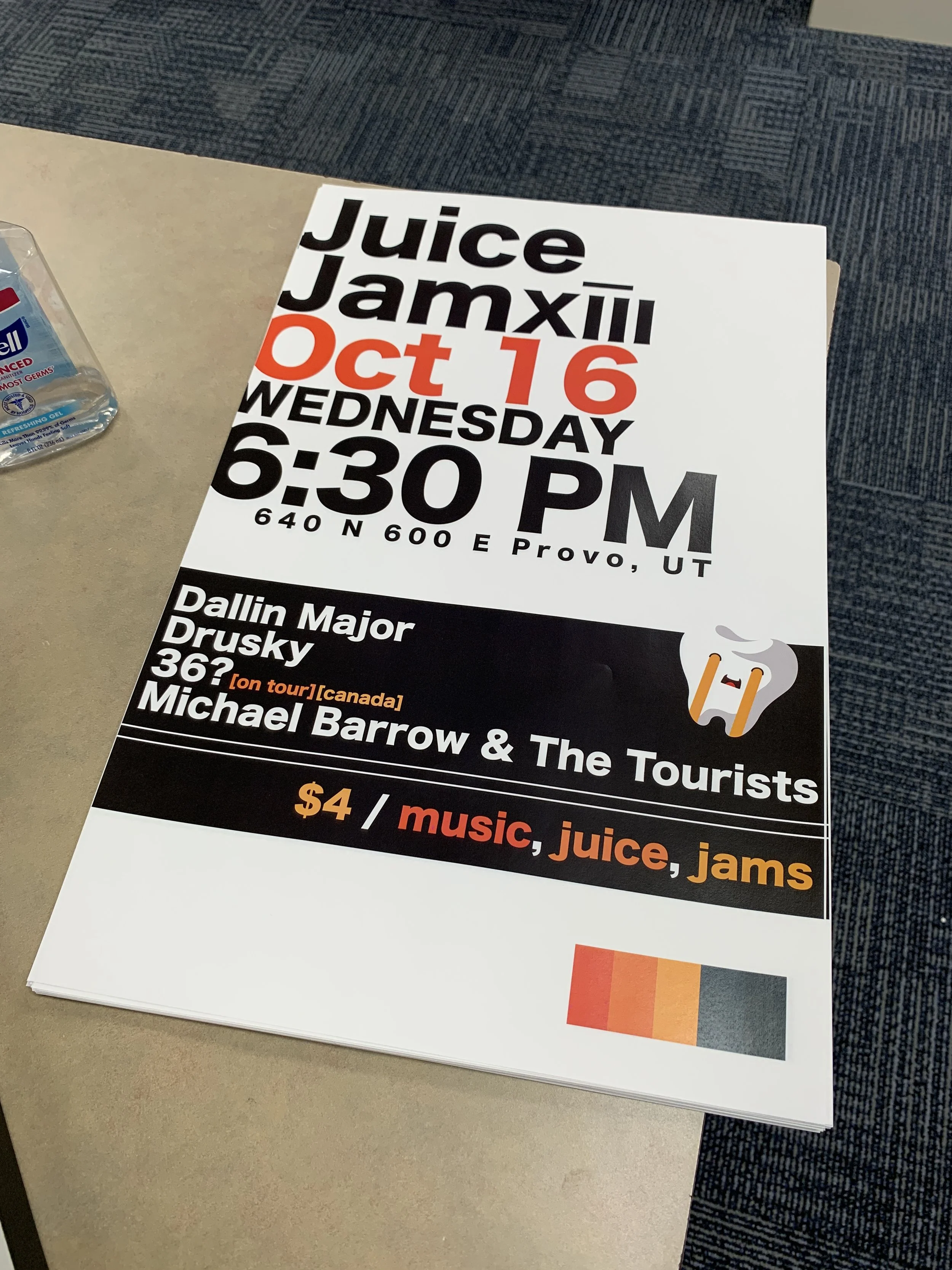Event poster advertising Juice Jam XIII on October 16 at 6:30 PM in Provo, Utah, with music performances by Dallin Major, Drusky, 36?, and Michael Barrow & The Tourists; ticket cost is $4 and includes music, juice, and jams.