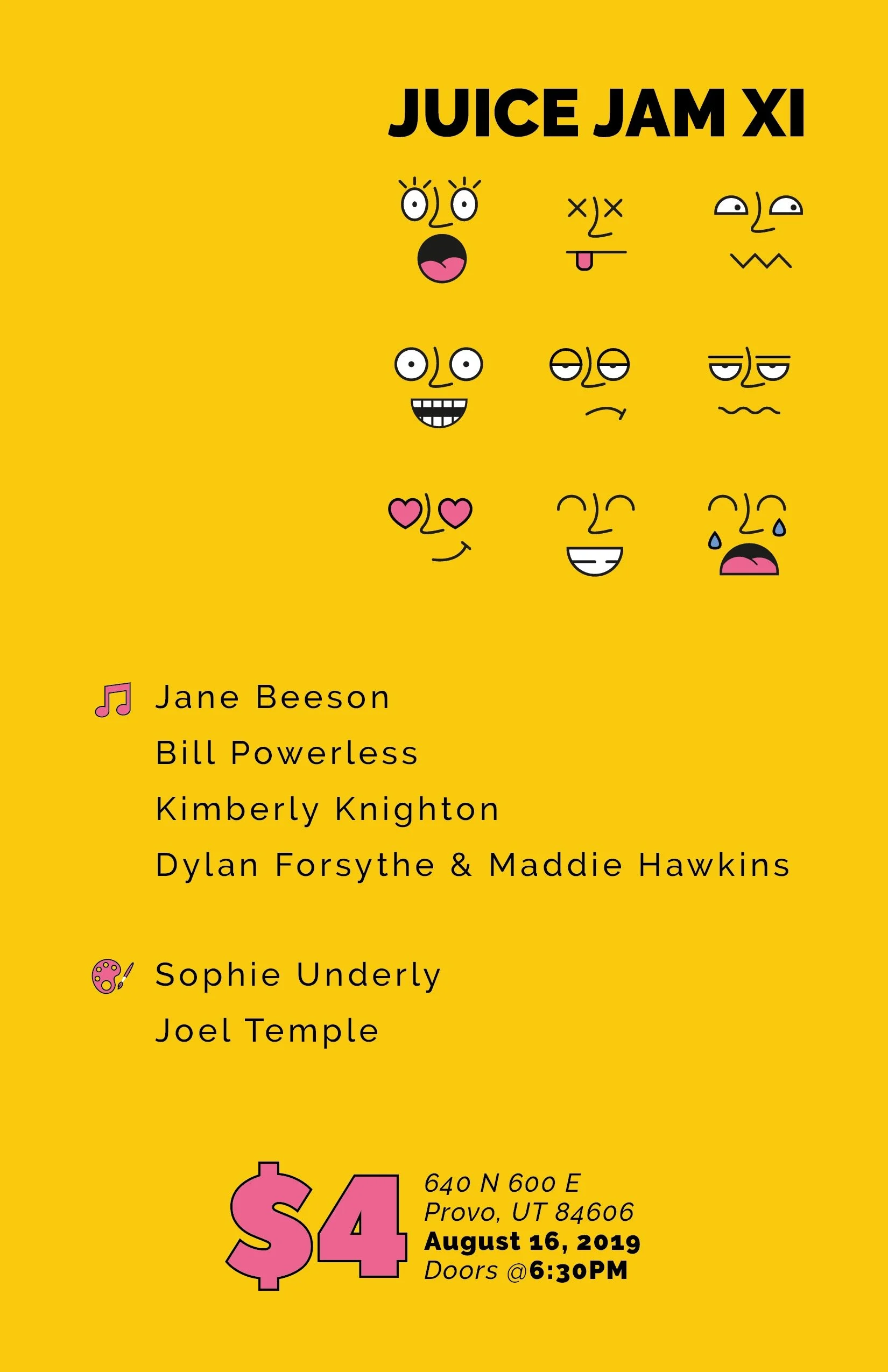 Event flyer with yellow background featuring various emoticon faces with different expressions and a list of musical performers, including Jane Beeson, Bill Powerless, Kimberly Knighton, Dylan Forsythe & Maddie Hawkins, and Joel Temple, along with ti