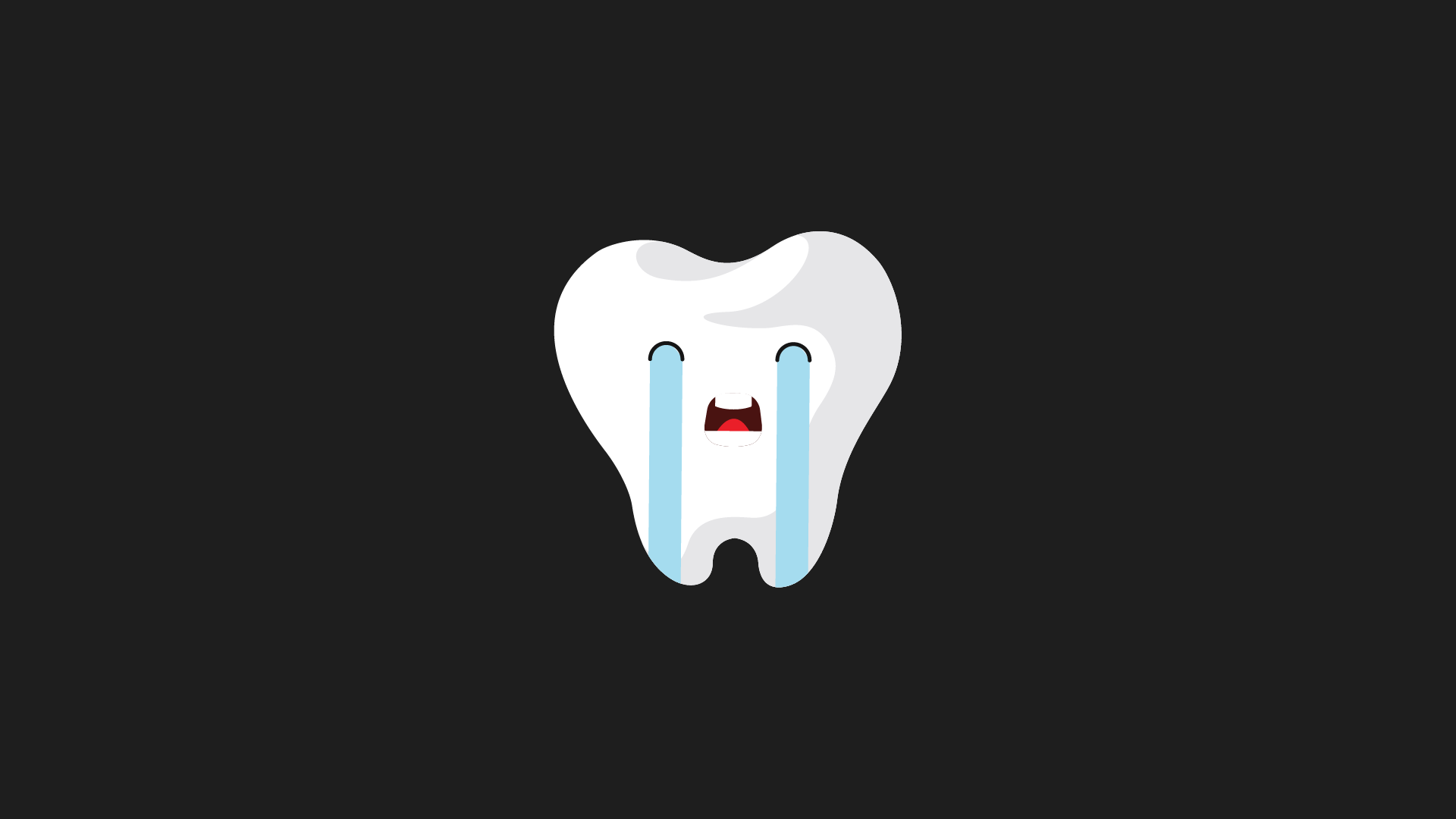 Animated cartoon tooth with tears streaming down its face, depicting sadness or pain, on a dark background.