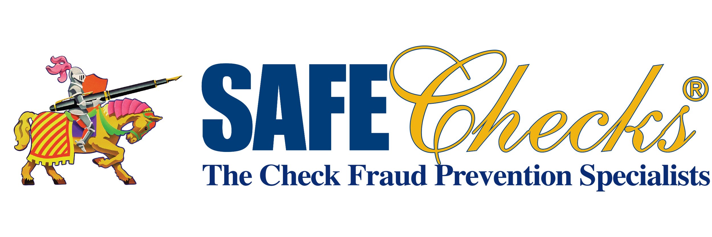 Logo of Safe Checks featuring a knight riding a horse, holding a lance, with slogan 'The Check Fraud Prevention Specialists'.