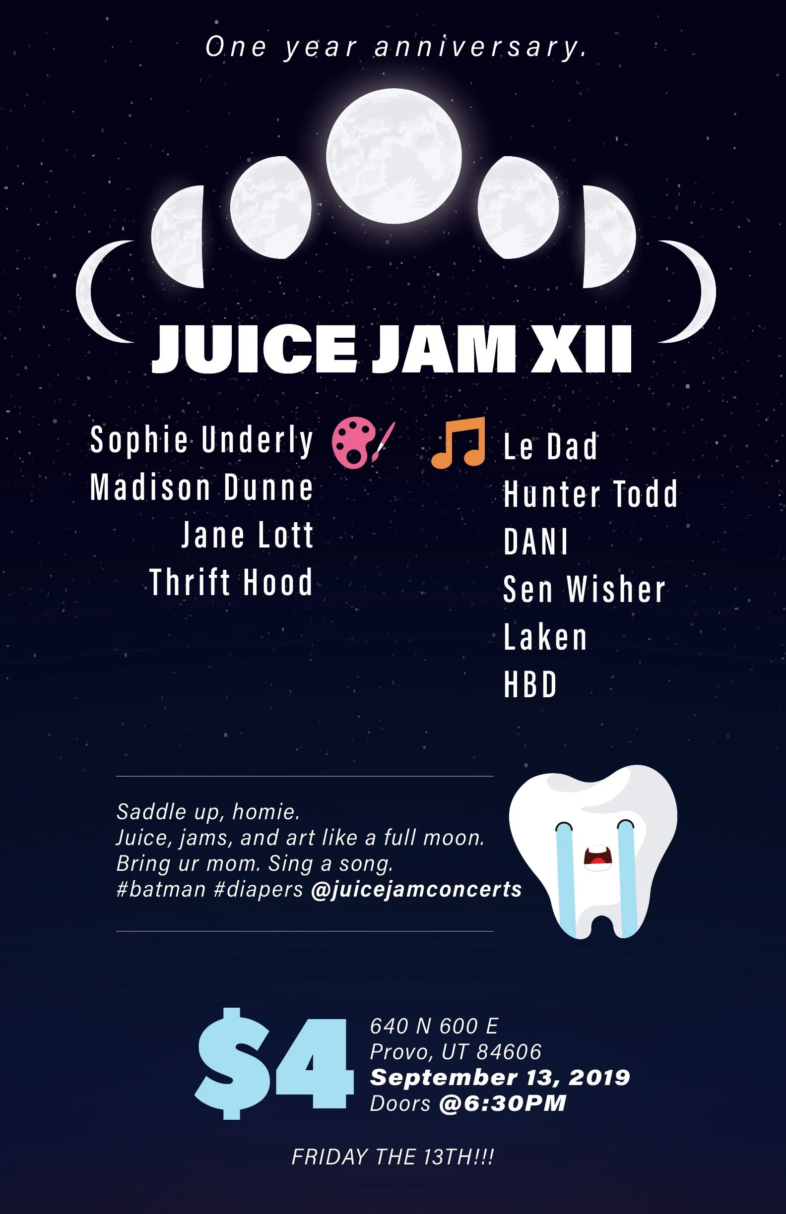 Flyer for Juice Jam XII's one-year anniversary concert on September 13, 2019, featuring performances by Sophie Underly, Madison Dunne, Jane Lott, Thrift Hood, Le Dad, Hunter Todd, DANI, Sen Wisher, Laken, and HBD. The flyer includes moon phases, a ca