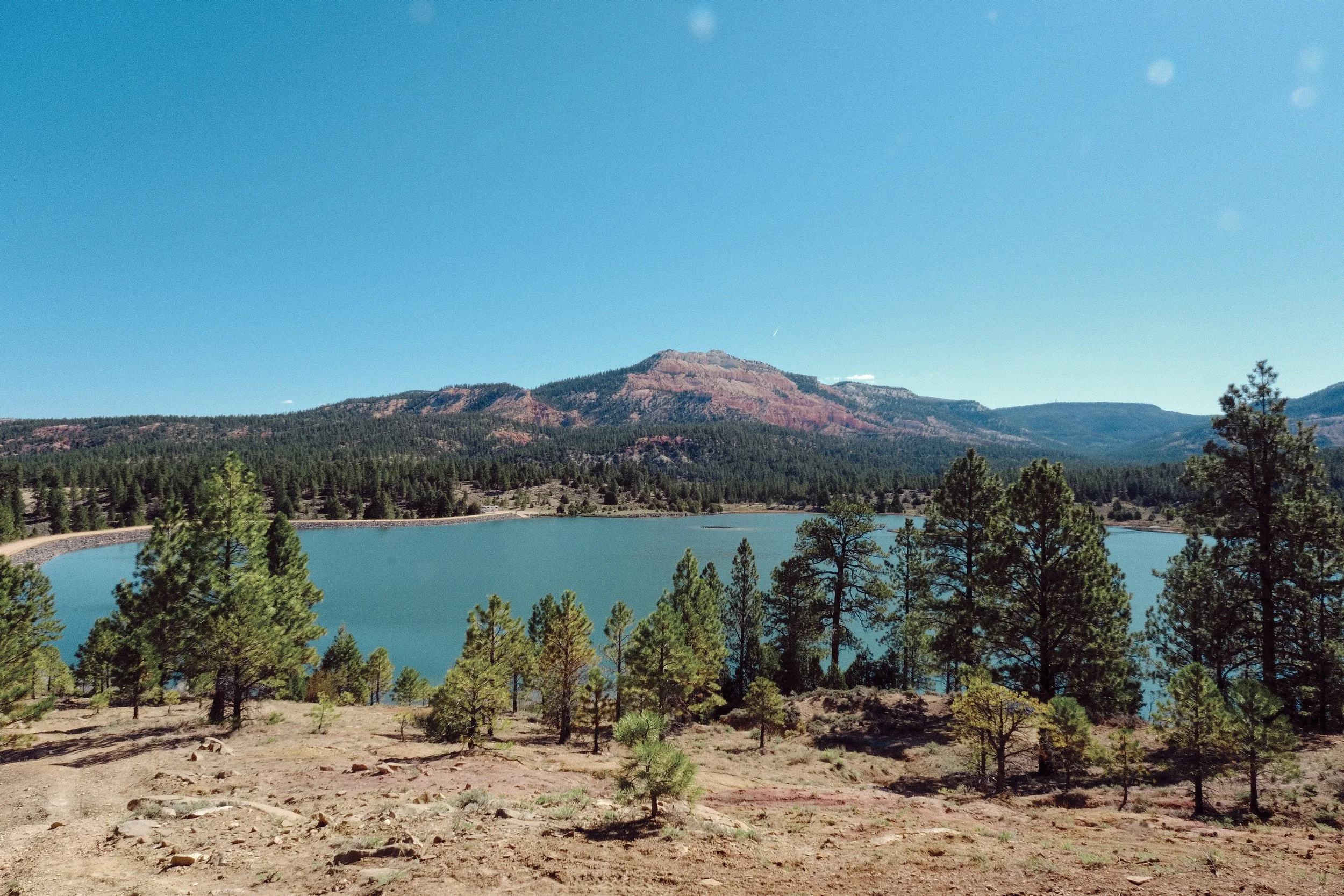 A scenic landscape of a blue lake surrounded by pine trees and a mountain range in the distance under a clear blue sky.