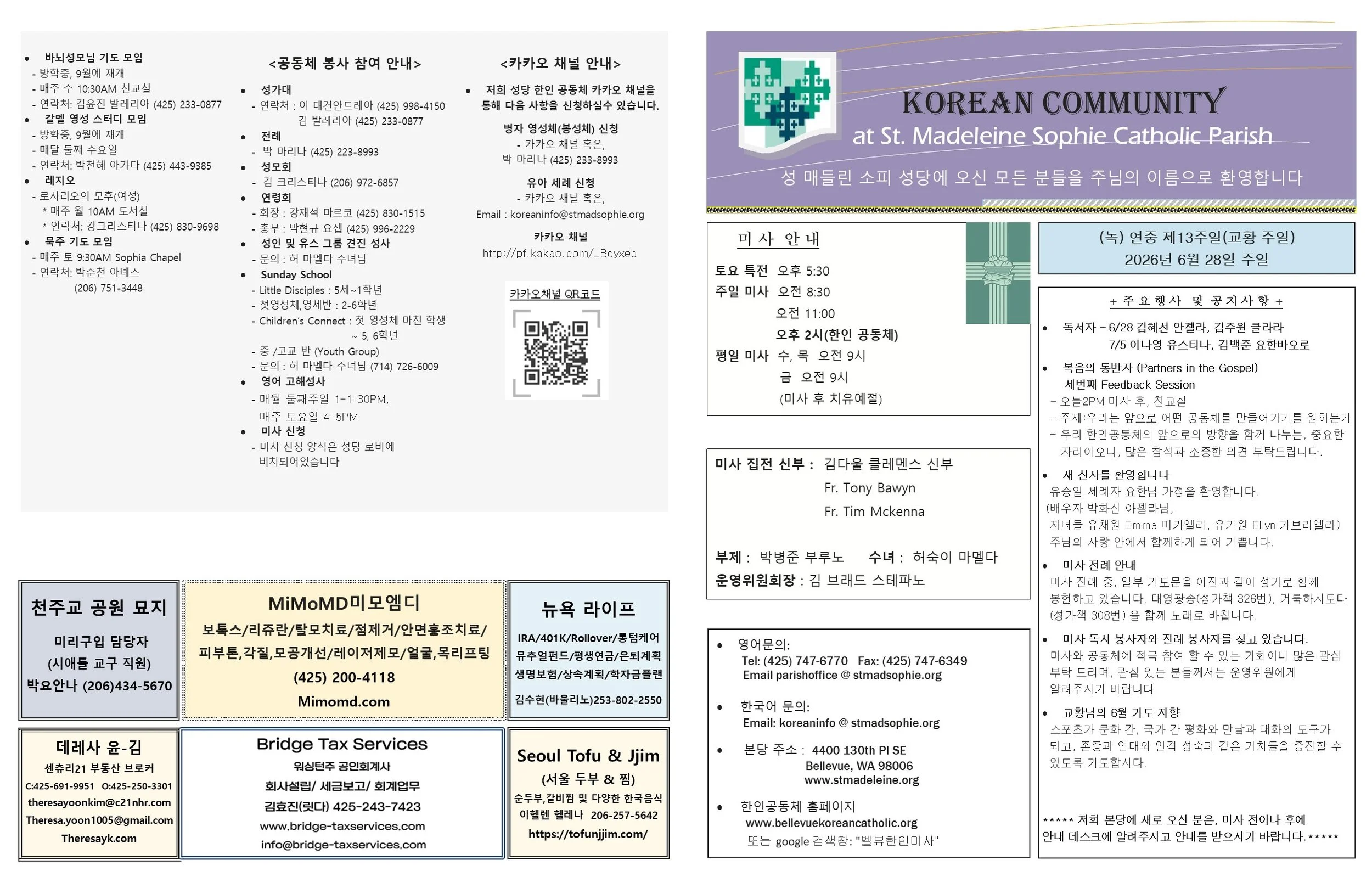 (녹) 연중 제 13주일 2026년 6월28일(교황 주일)