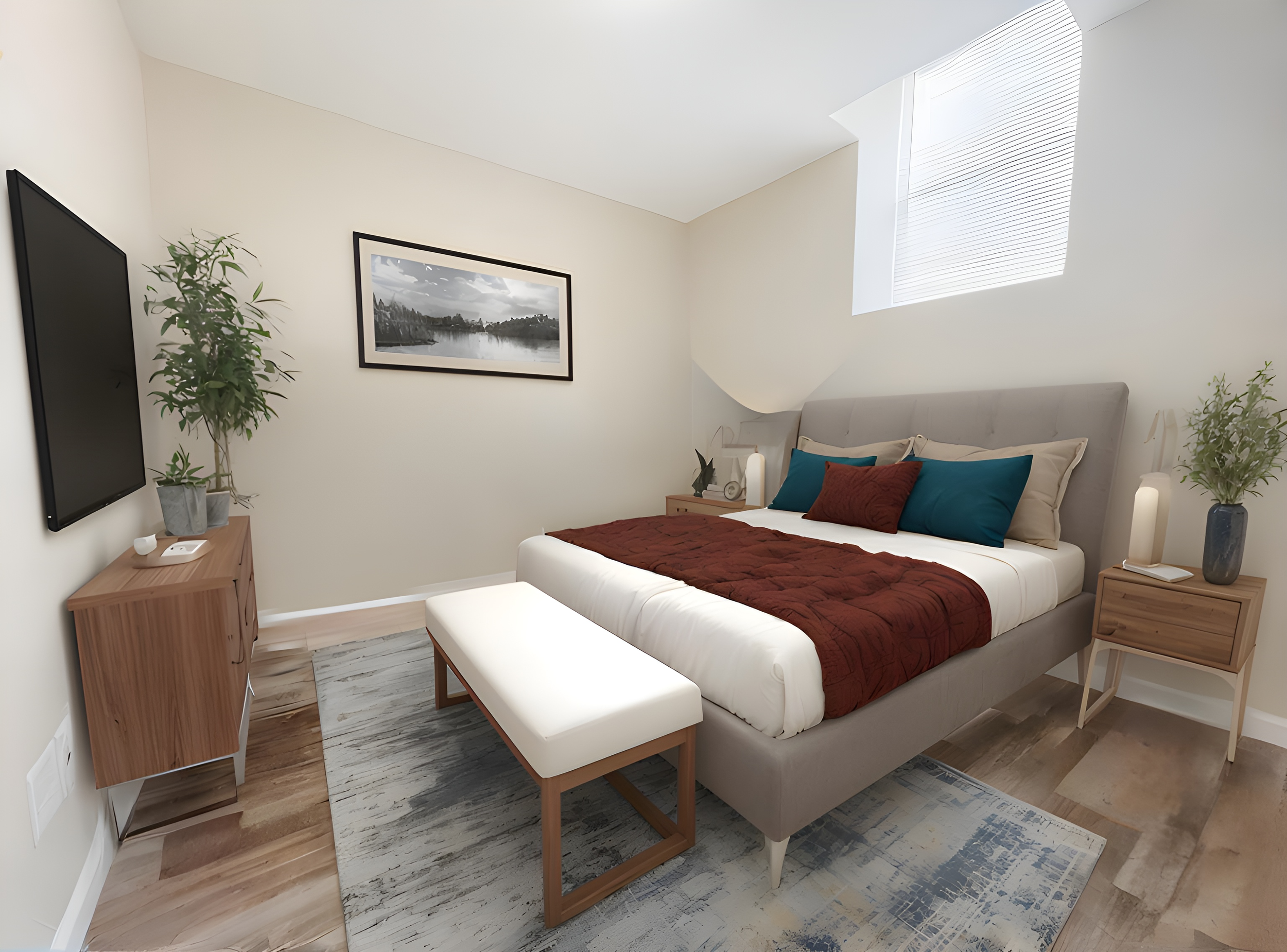 Modern bedroom with a gray upholstered bed, colorful pillows, a wooden bench, two wooden nightstands with lamps and greenery, a wall-mounted flat-screen TV, a framed landscape photograph, a window with blinds, and a textured area rug, all in neutral