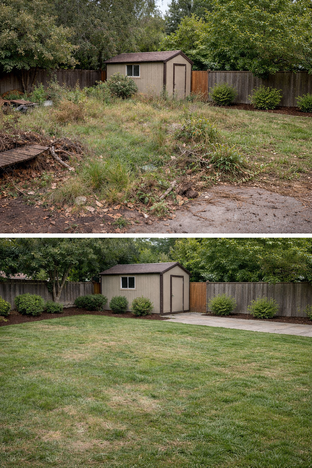Before and after images of a backyard showing the removal of weeds, debris, and overgrown plants, with the yard cleaned and landscaped with grass, bushes, and a shed.