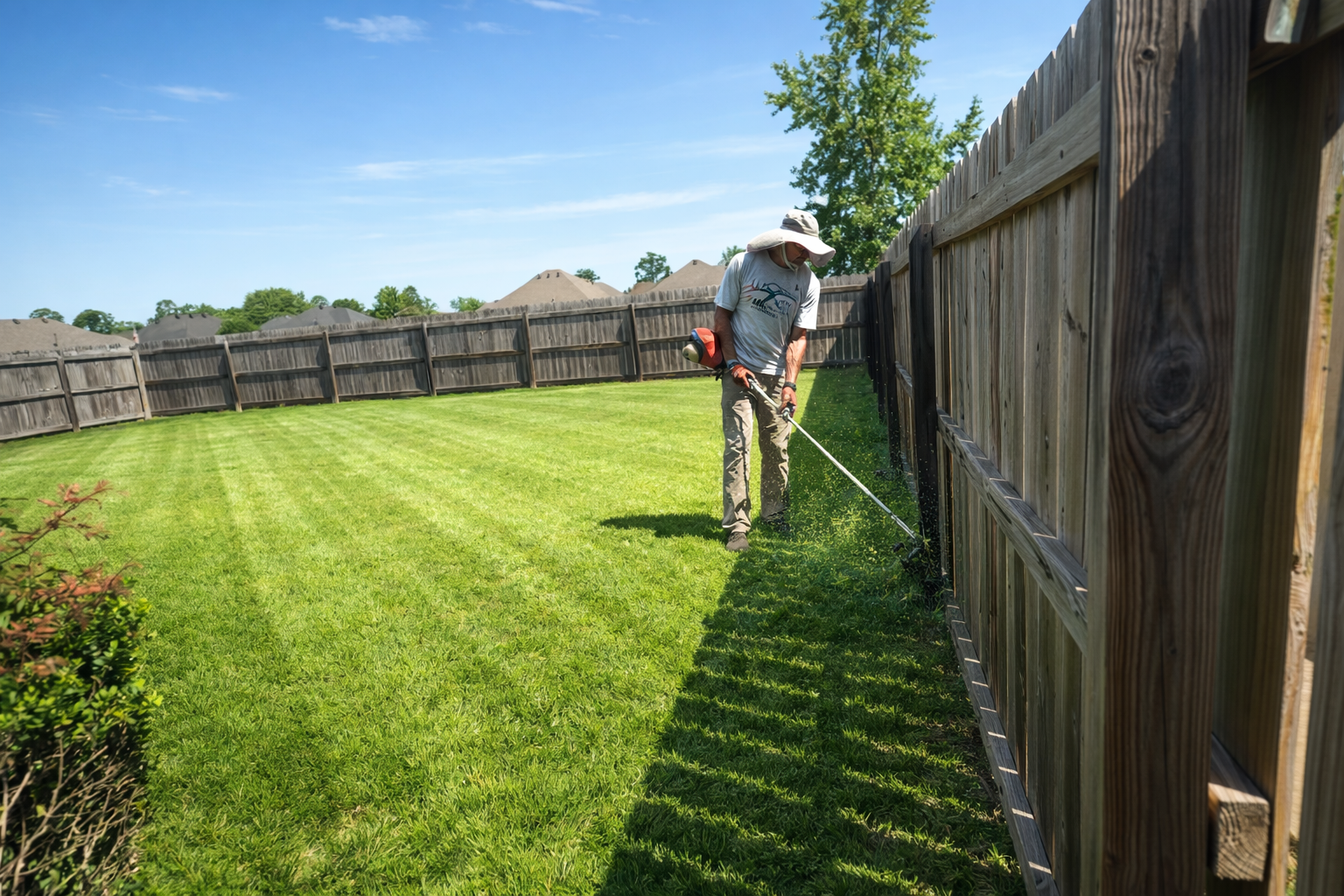 Person using a weed trimmer along a wooden fence on a well-maintained lawn on a sunny day.