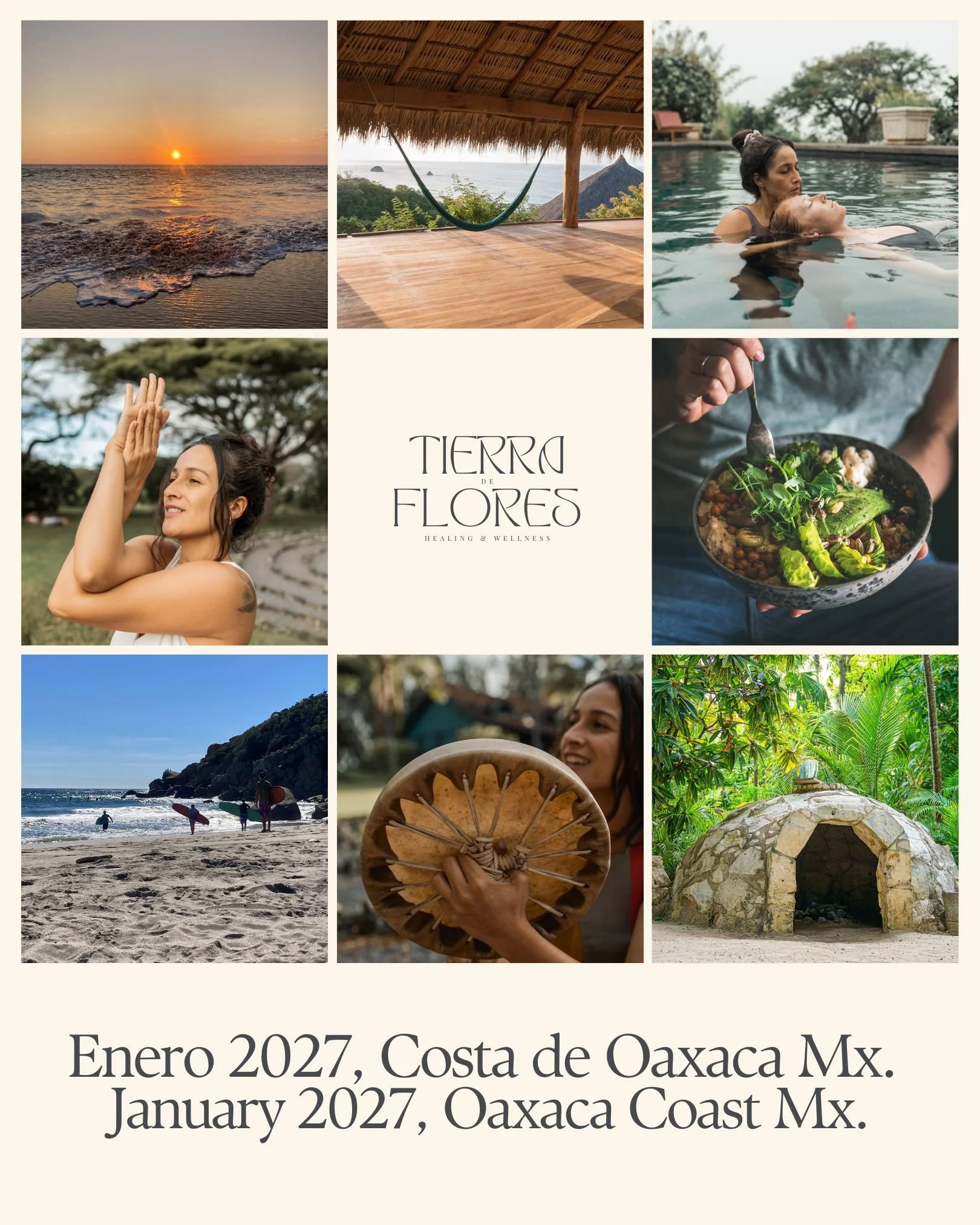 A collage of images from Oaxaca Coast, Mexico in January 2027, including a sunset over the ocean, a hammock on a wooden deck, two women in a swimming pool, a woman practicing yoga outdoors, a person holding a colorful salad bowl, a beach with surfers, a woman holding a traditional drum, and a stone oven surrounded by greenery.