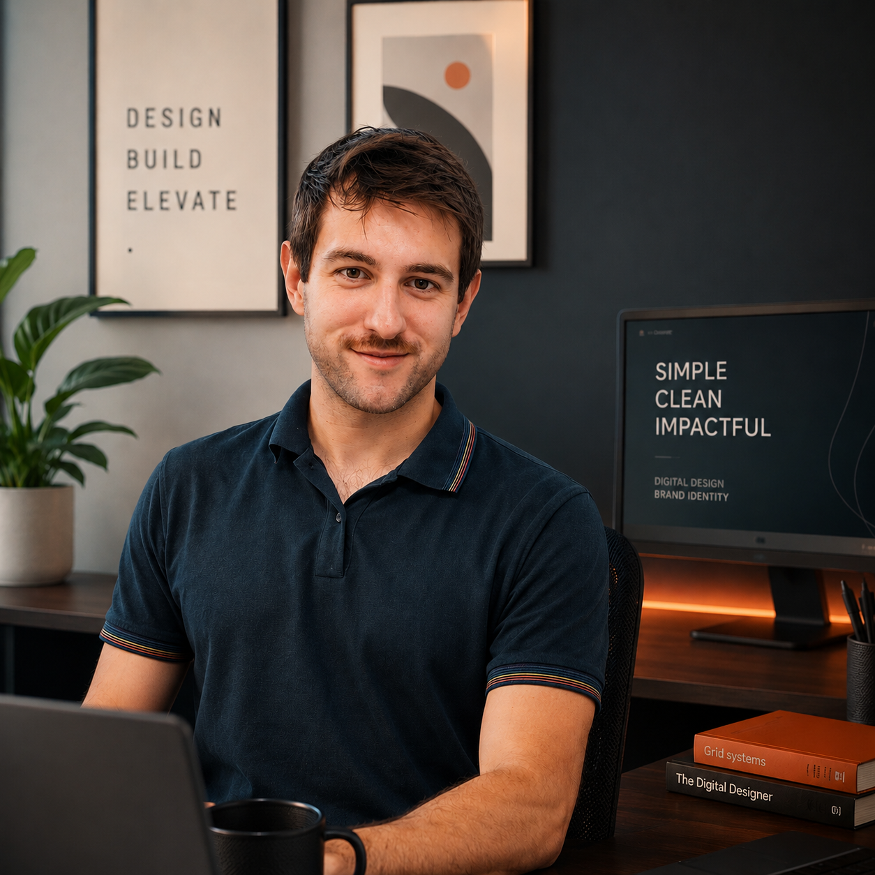A young man with dark hair, light skin, and a slight beard, smiling while sitting at a desk in an office. Behind him are framed motivational posters, a potted plant, and a computer monitor displaying words related to digital design and branding. There are also books on digital systems and design on the desk.