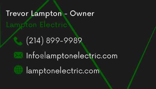 Business card for Trevor Lampton of Lampton Electric, includes phone number, email, and website.