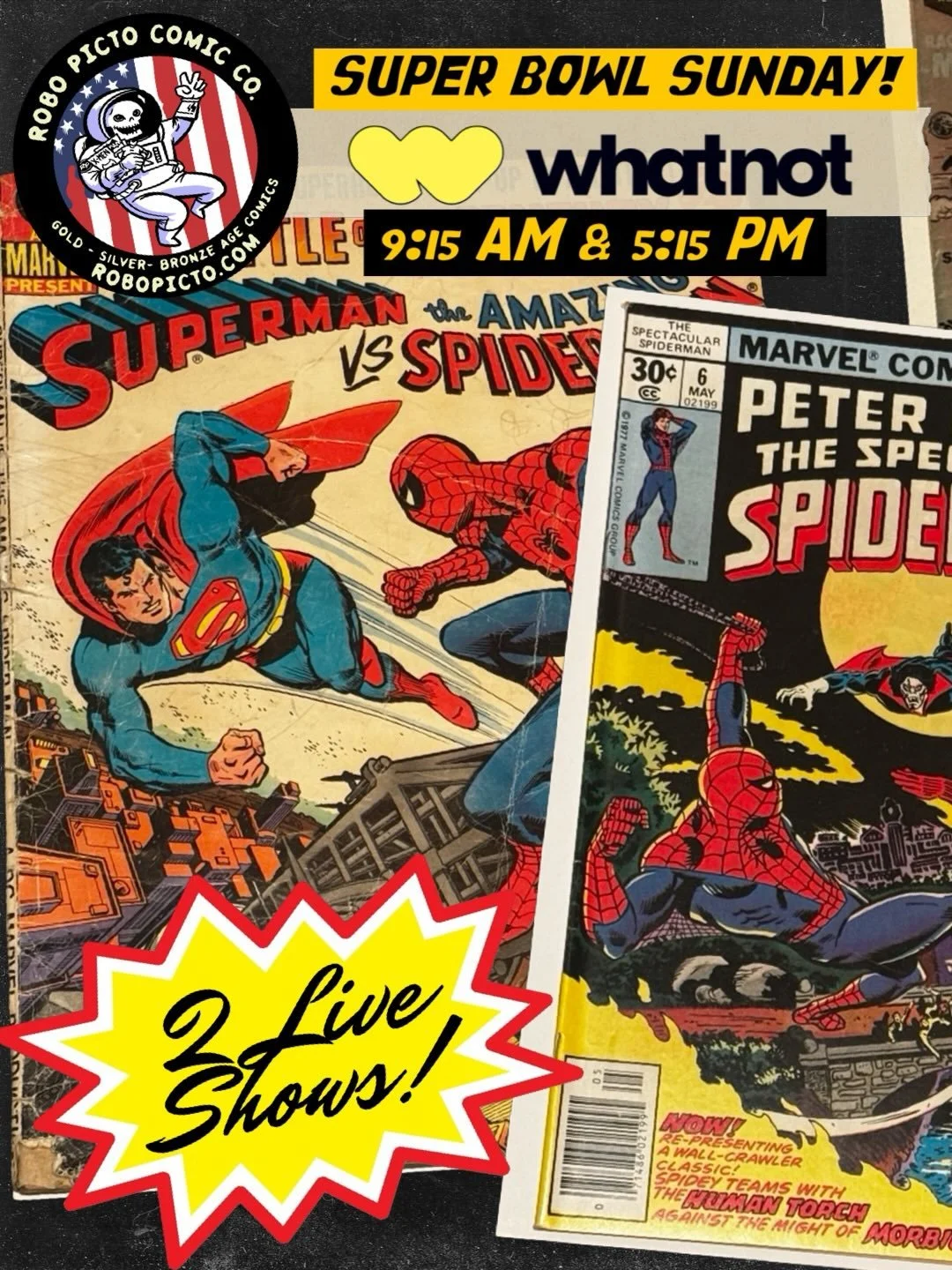 🚨 NEWSSTAND SPECIAL 🚨

Set the timer for 9. We hit the air at 9:15 tomorrow morning! Then round two at 5:15 before kickoff. Whatnot auctions always start at $2 😎 It&rsquo;s kinda like digging through a 1968 drugstore spinner rack&hellip; but faste
