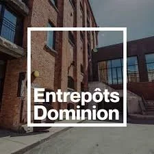 Logo for Entrepôts Dominion with white text on a dark background, featuring a brick building and warehouse setting.