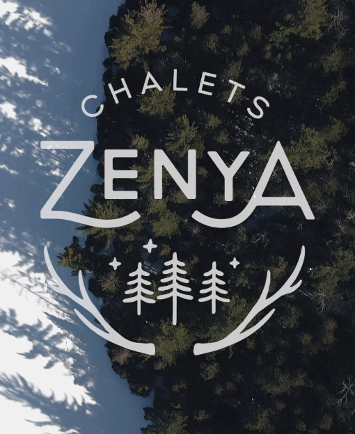 Logo with the words "Chalets Zenya" and illustrations of trees and antlers on a background of a forested area.
