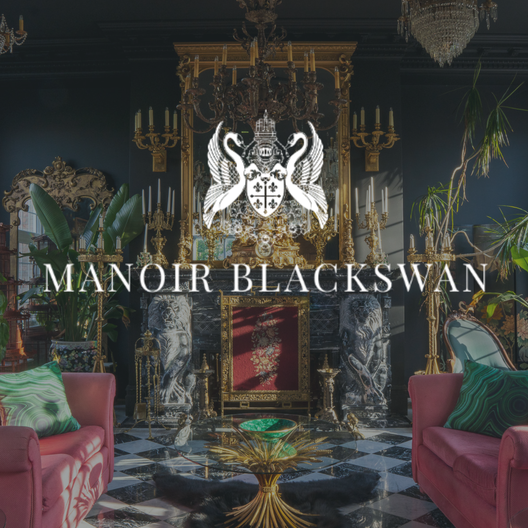 Luxurious interior room with gold accents and a chandelier, featuring pink velvet sofas with green and black patterned pillows, black and white marble checkered floor, and greenery decoration.