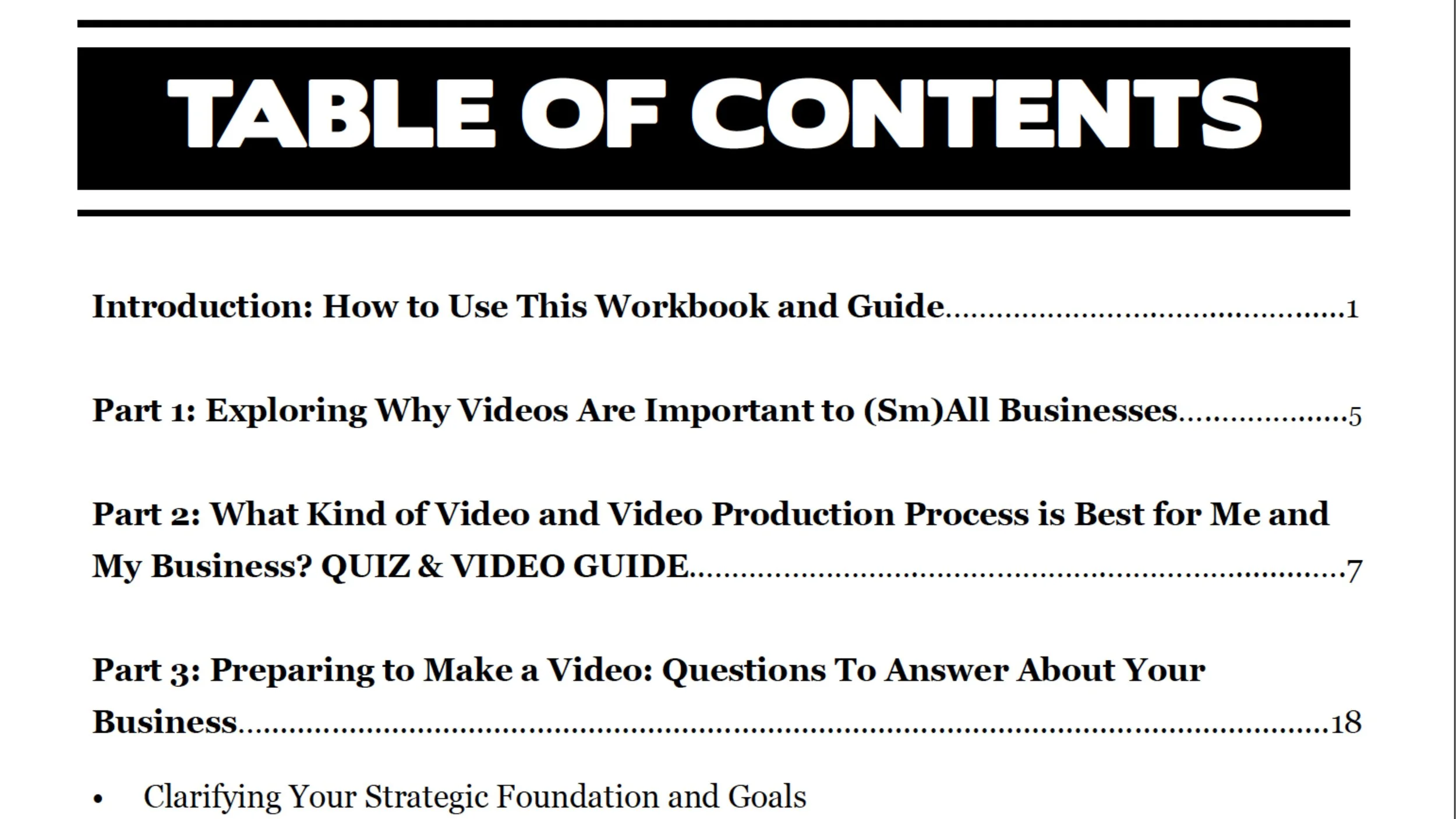 Table of contents excerpt for the film in a bag workbook