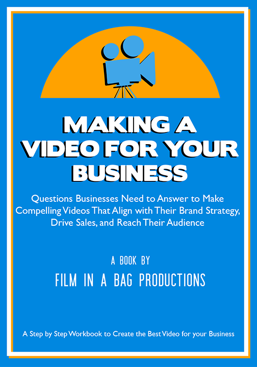 Film in a bag making a video for your business workbook cover with blue background and camera icon.