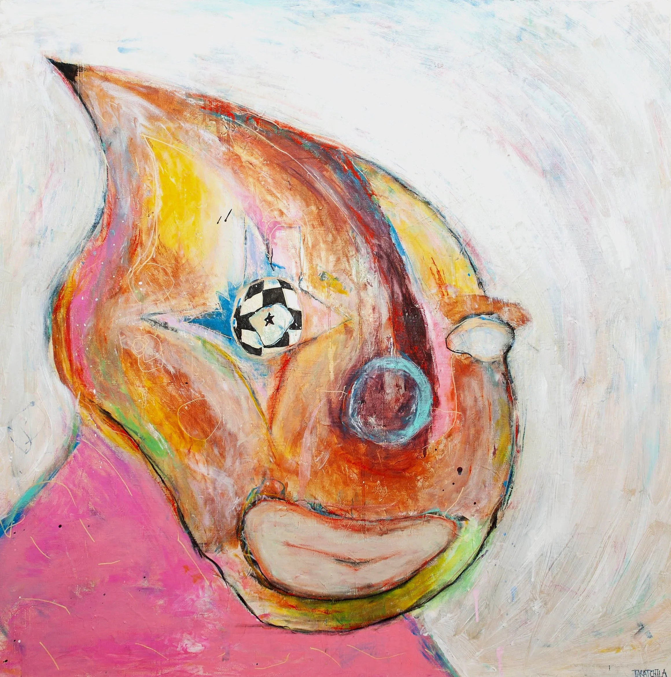 Polar Boy, 2023. Acrylic, pastel, and water-based paint marker on canvas. 36 x 36 in.