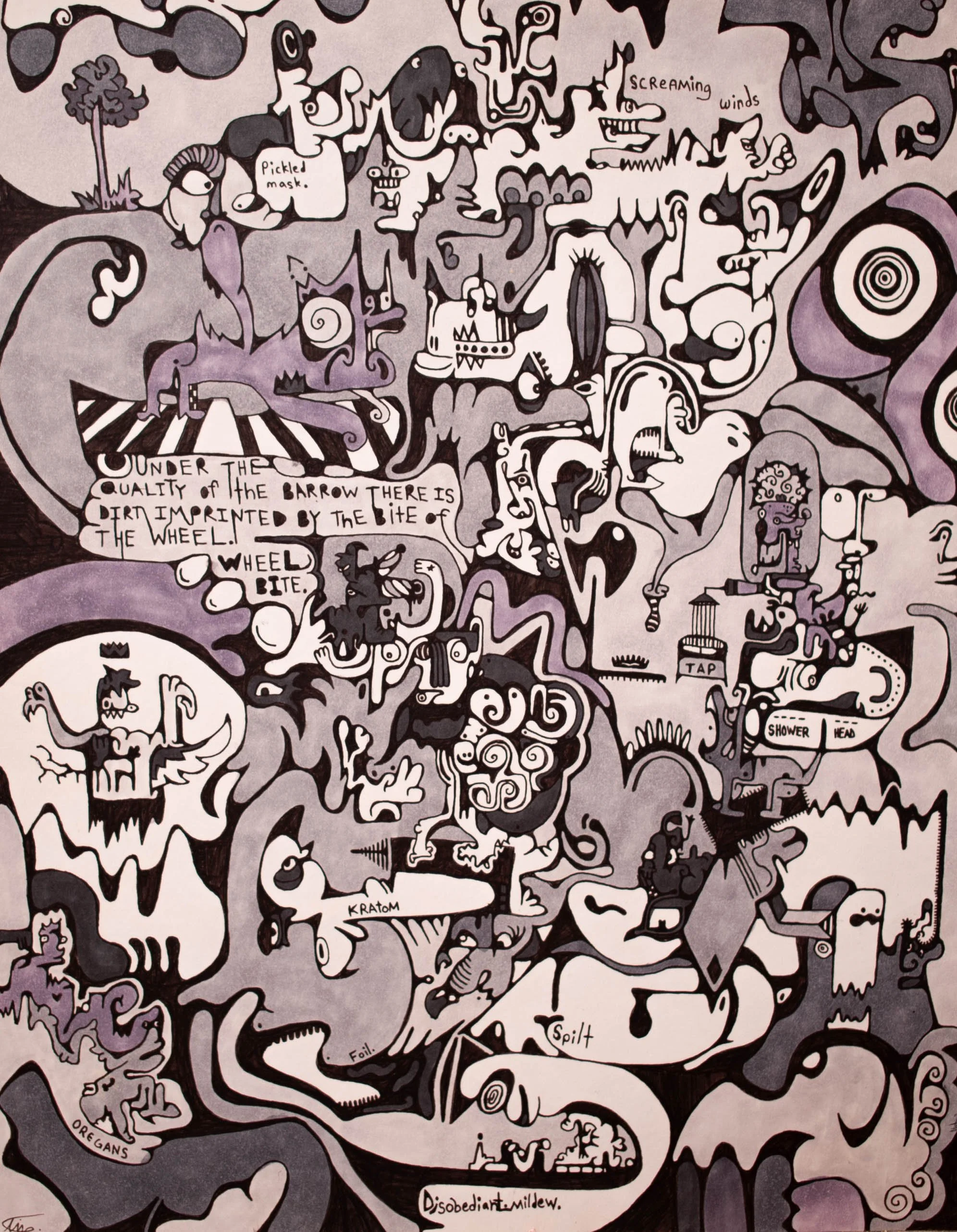 Wheel Bite, 2021. Alcohol-based marker and black ink pen on multi-media paper. 11 x 14 in.