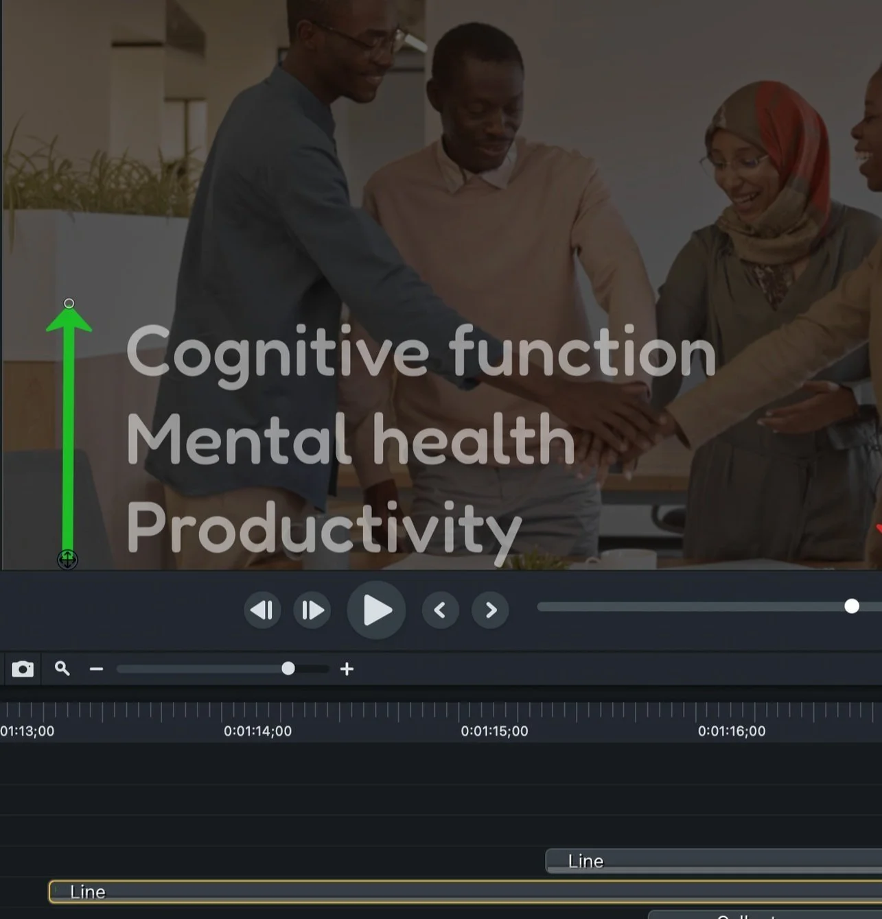 Camtasia video production screenshot shows audio and visual tracks and scrubbing options. In the video frame, a work team joins hands under an animation of a green arrow indicating positive increases.