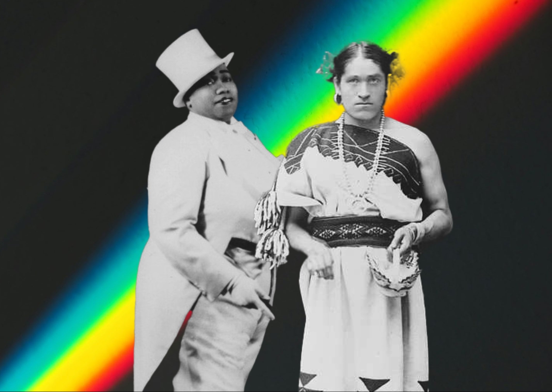 Black background with a bright rainbow stripe and a black and white collage of two 2SLGBTQIA+ elders, Gladys Bentley, a Black trans man in a white top hat and tailcoat, and We'Wha, a Zuni two-spirit person in a handmade weaved dress.