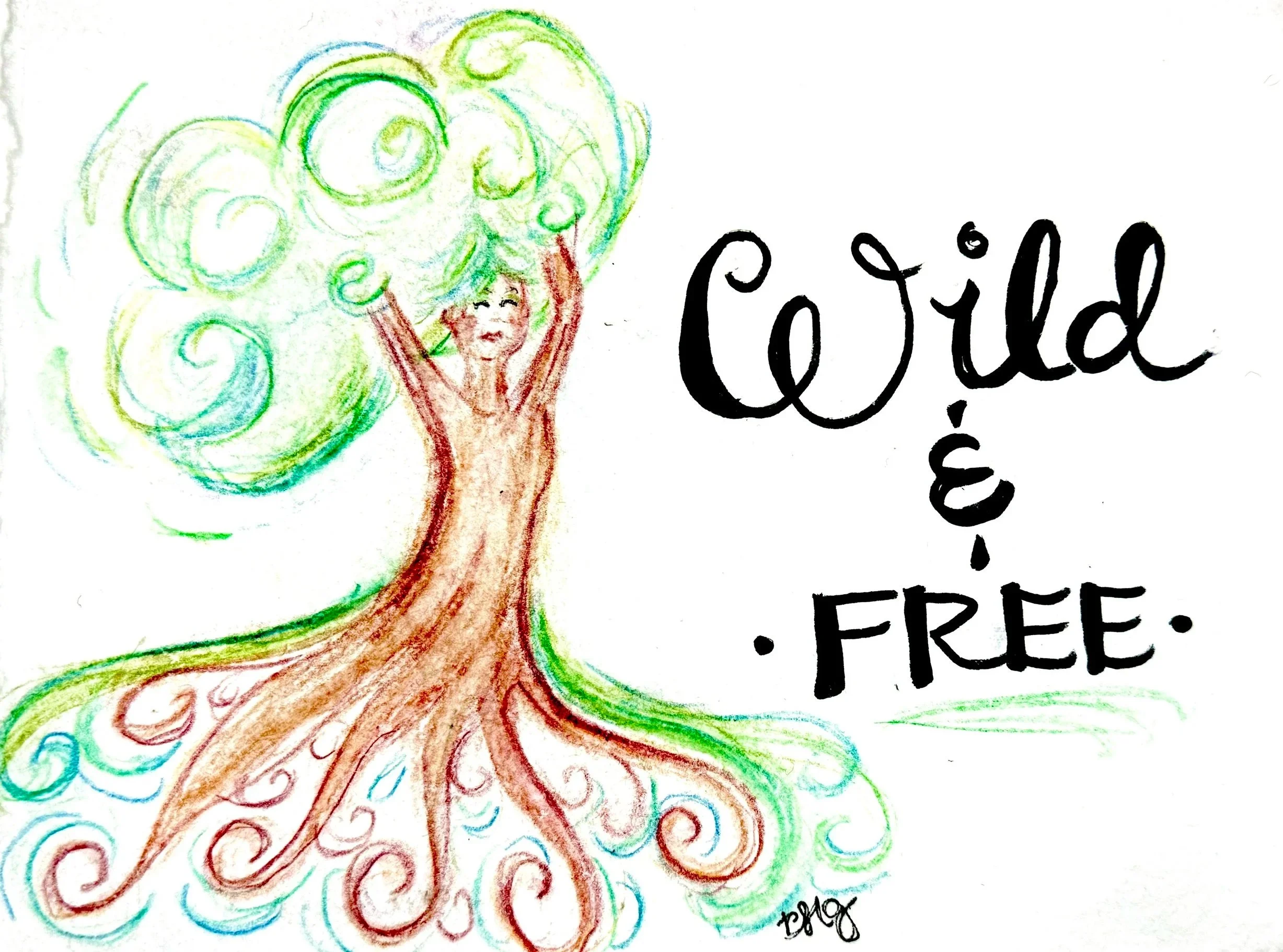 A colorful drawing of a tree with a smiling girl as the trunk, with swirling branches and leaves in shades of green and blue, alongside the words "Child & Free" written in black.