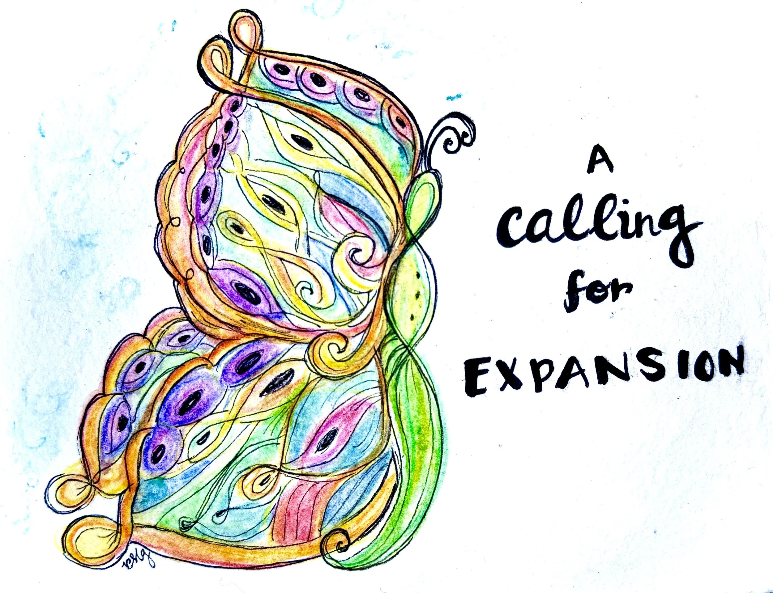 Colorful, abstract drawing of a peacock with vibrant rainbow hues and intricate patterns. Text that reads "A calling for expansion" is visible on the right.