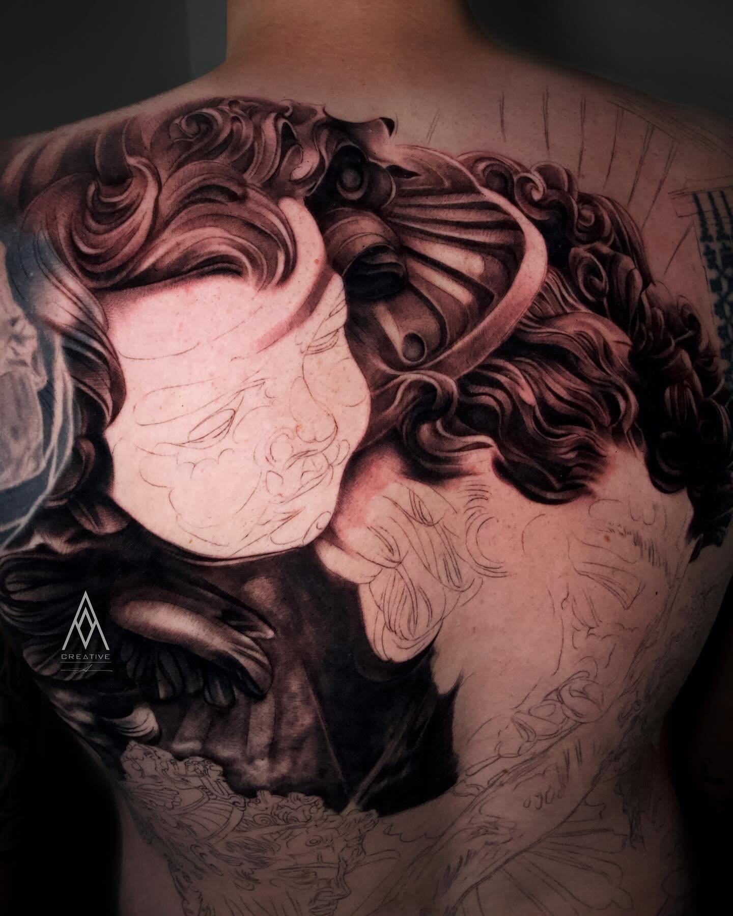 Good times with @diswaydatwayseanway and @camilleerae . Thank you for the hospitality. Excited to continue this project 🙌🏽

For appointments please visit :

AMCREATIVEINC.COM 

.
.
.
.
.
.
.
 
#tattoos #backpiece #tats #progress #blackamdgrey #real