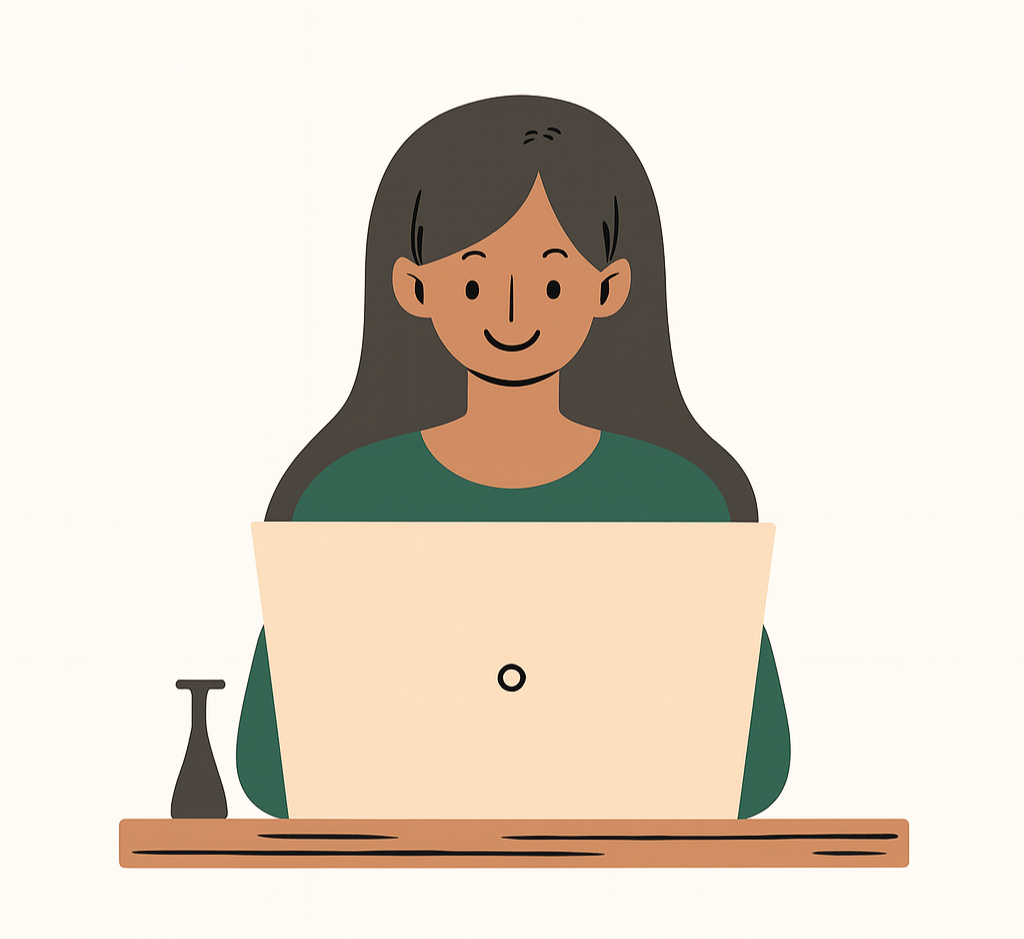 Illustration of a woman with long dark hair working on a laptop at a desk, with a small flask nearby.