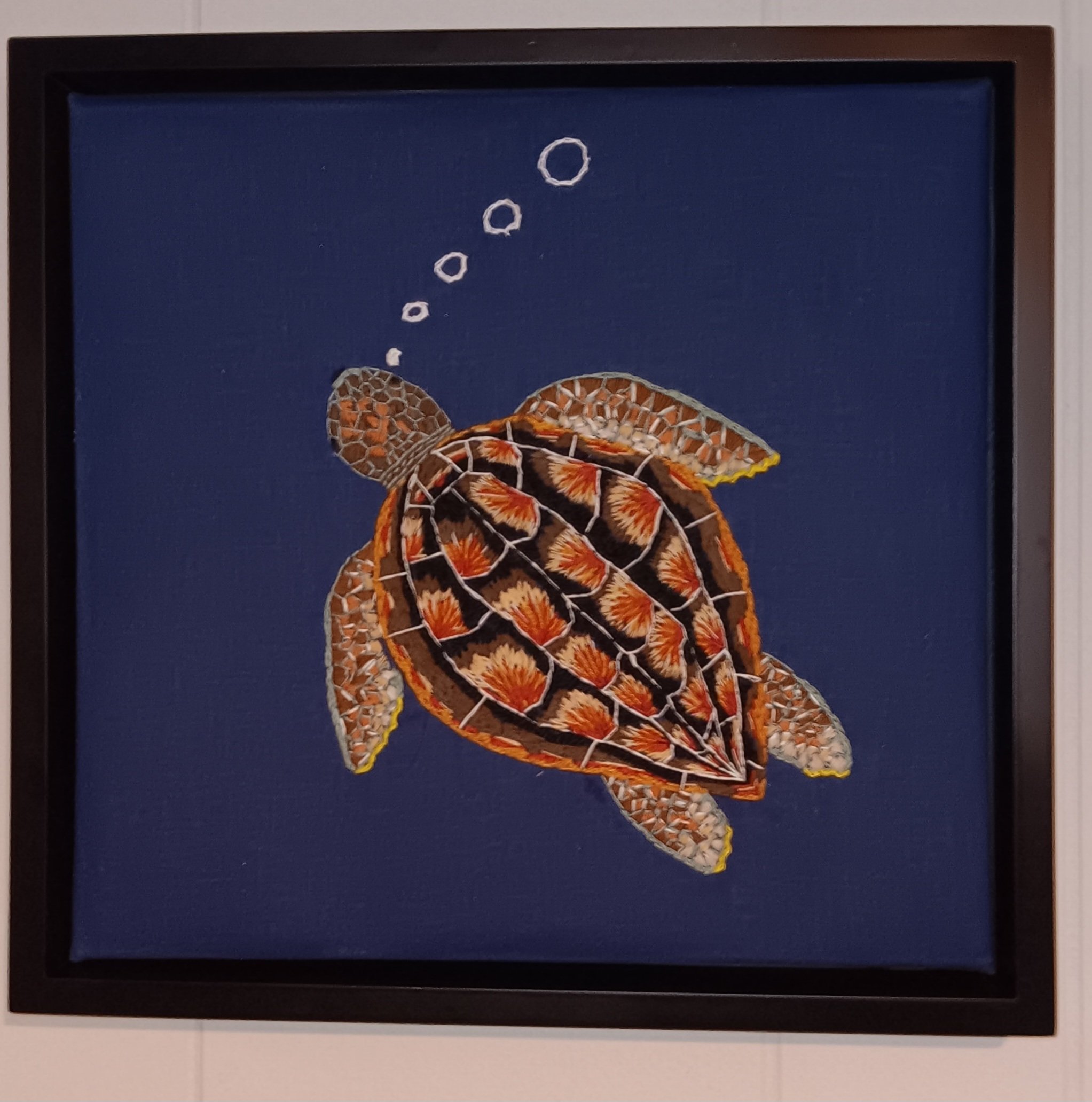 SOLD Sea Turtle. 12" x 12" mounted on canvas on floating frame. $95