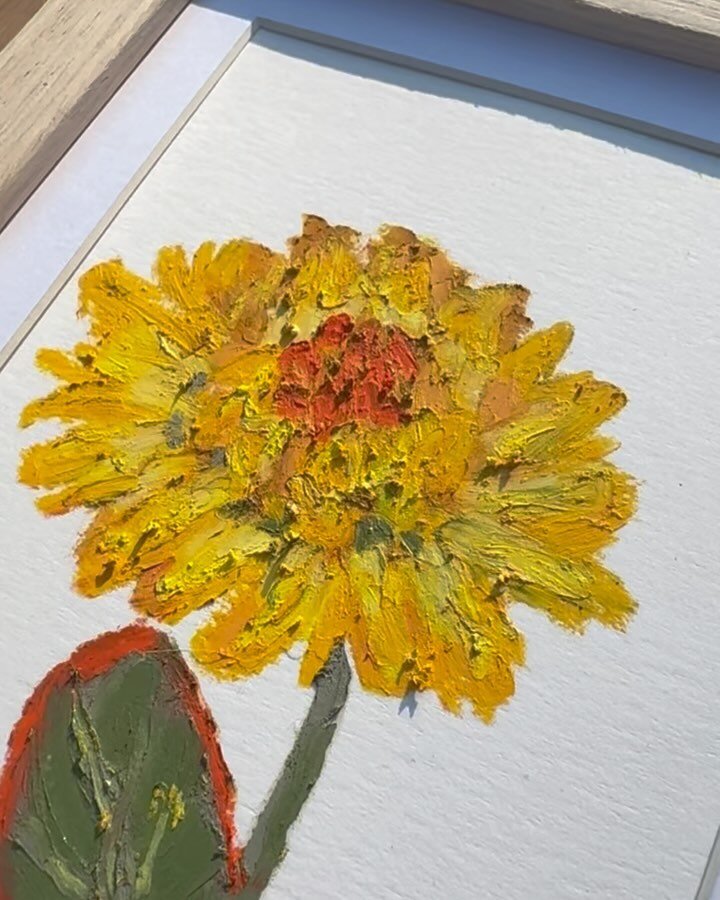 here comes the sun - 4x6&rdquo; oil pastel on mixed media paper framed to 5x7&rdquo; | update: sold 
.
.
.
#oilpastelpainting #flowerpainting #sunflower #instaartist #creativelife #originalart #homedecor