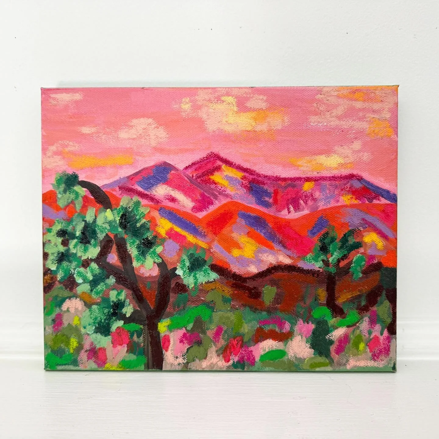 desert sunset - 8x10&rdquo; acrylic &amp; oil pastel on canvas | $250 + free shipping 🌵🌅 
.
.
.

#instagramart #instaart #instaartist #artofinstagram #instagramartist #painting #acrylicpainting #trees #creativelife #artist #artistsoninstagram #arti