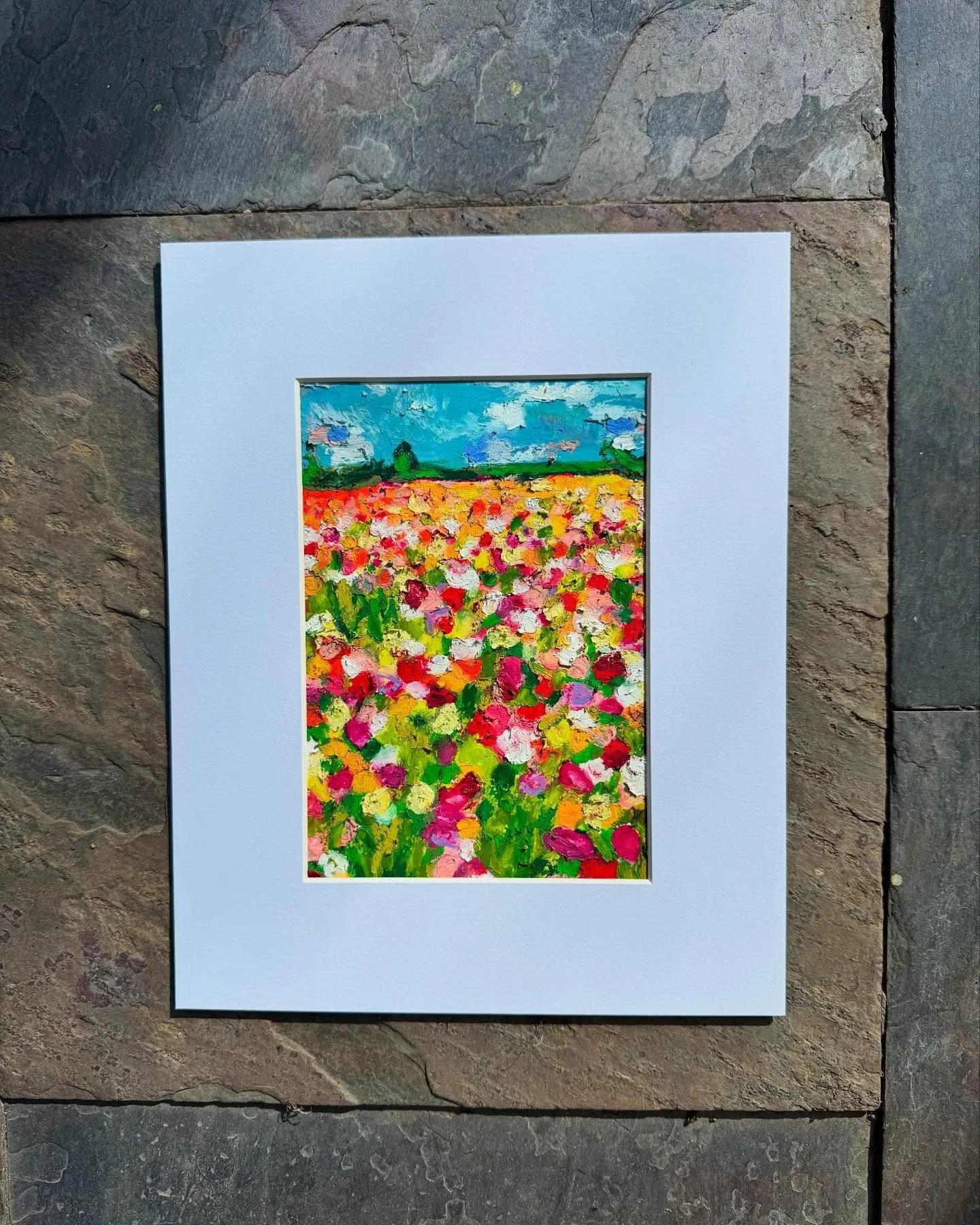 flower fields no. 2 - 5x7&rdquo; oil pastel on mixed media paper, matted and framed to 8x10&rdquo; | $200 + free shipping 
.
.
.
#oilpastelpainting #flowerpainting #carlsbadflowerfields #flowerfields #instaartist #creativelife #originalart #homedecor