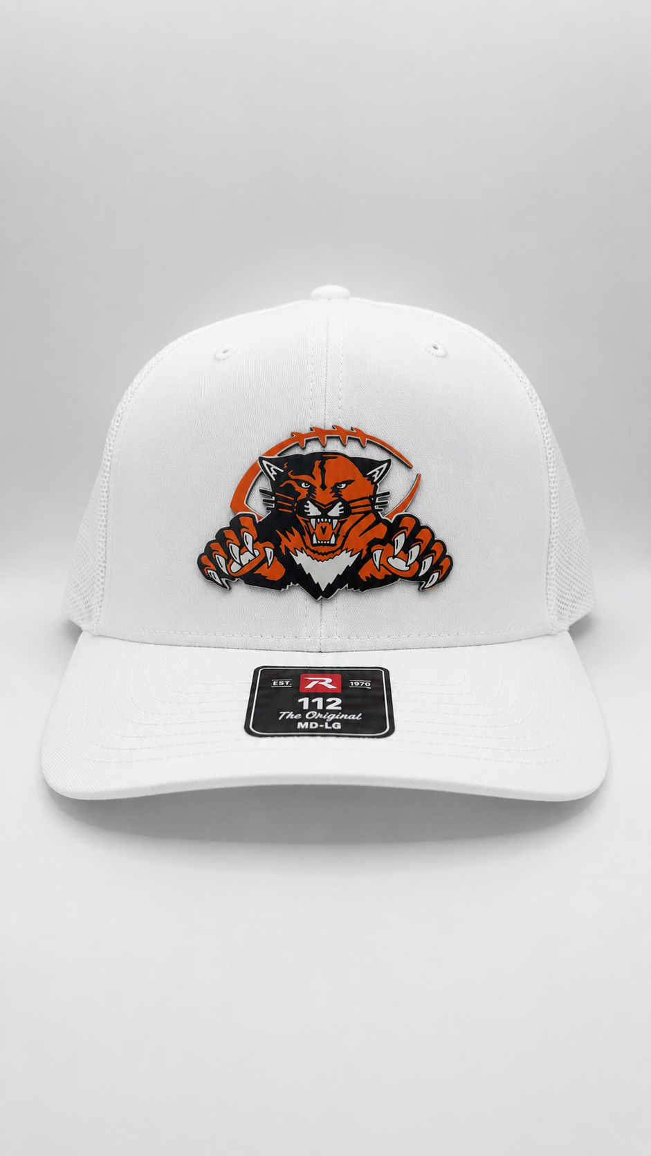 White Trucker Hat with Orange Logo with Football
