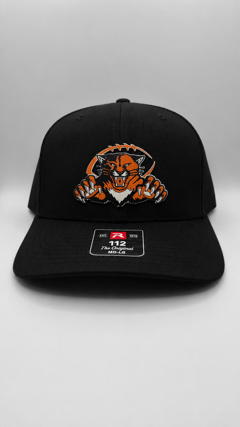 Black hat adjustable with orange cat w football.PNG