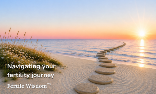 A sandy beach at sunset with stepping stones leading into the ocean, pink and orange sky, and text that reads 'Navigating your fertility journey Fertile Wisdom'