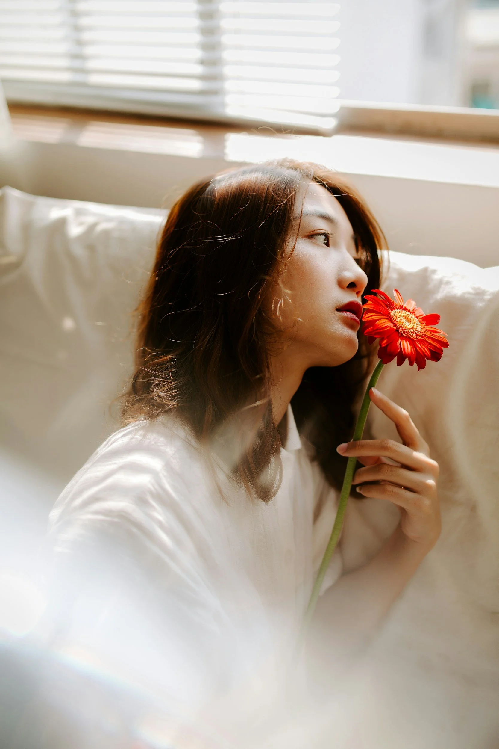 A woman with brown hair lying on her side holding an orange-red flower near her face, with sunlight streaming through window blinds in the background.