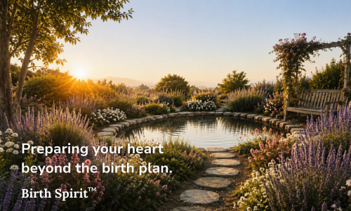 A serene garden scene with a pond surrounded by colorful flowers and trees at sunset.